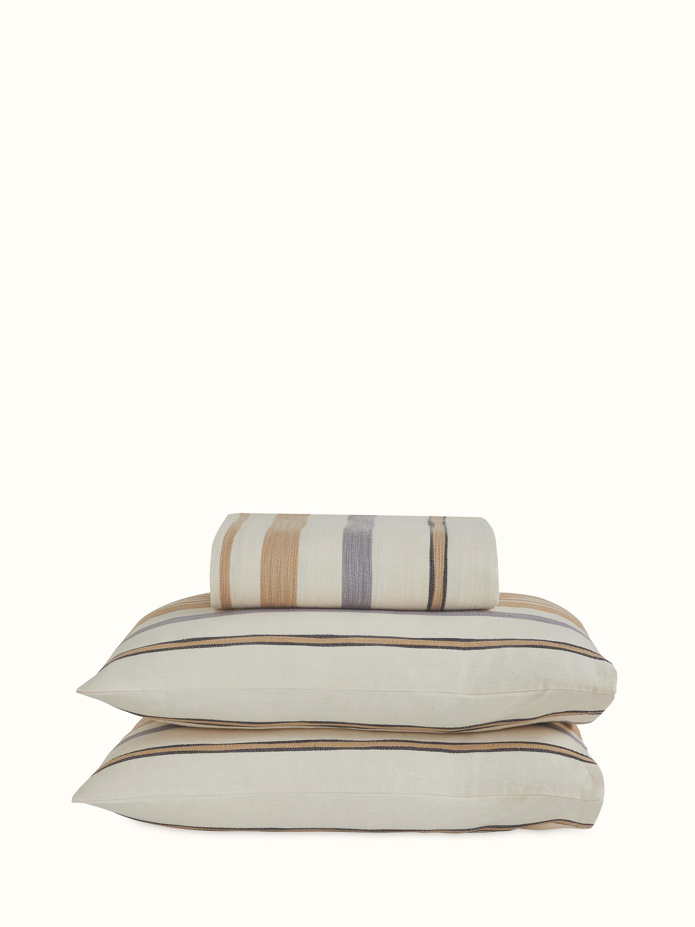 Full view of Neerja Beige Stripe Cotton Handloom King-size Bedspread Set, featuring a soft color palette and striped handwoven detailing.