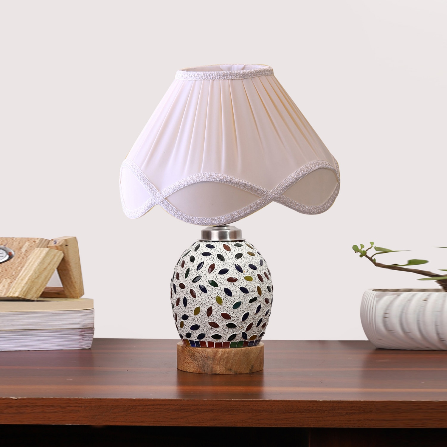 Devansh Off-White Vintage  Cotton Shade Lamp With Wood & Mosaic Glass Base For Decoration/Office/Home/Gifting/Study For Decoration/Office/Home/Gifting/Study - Devansh