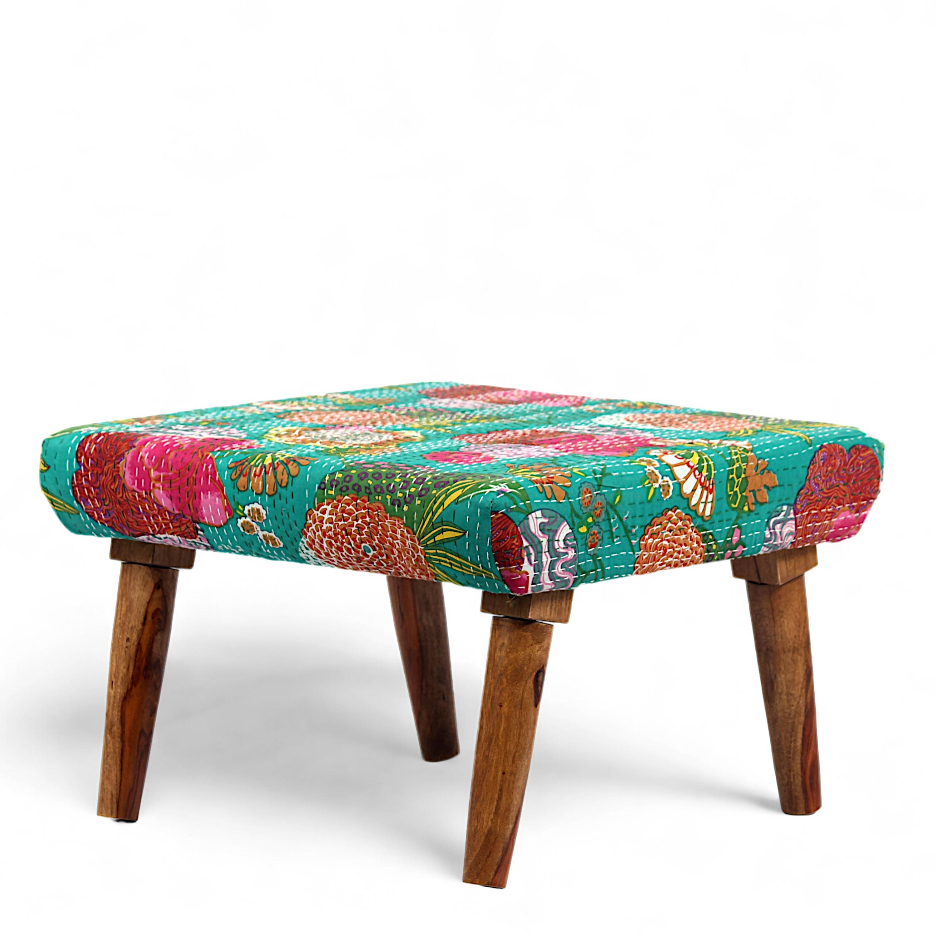 Queens Solid Wood Pouf Stool in Sea Green Fruit Print fabric