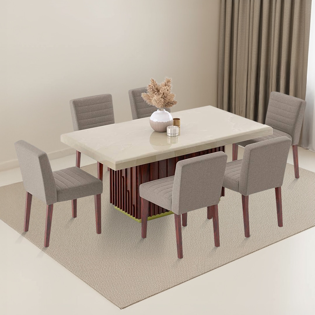 Gabriele Onyx 6 Seater Pedestal Dining Table With Set Of 6 Ludo Dining Chairs