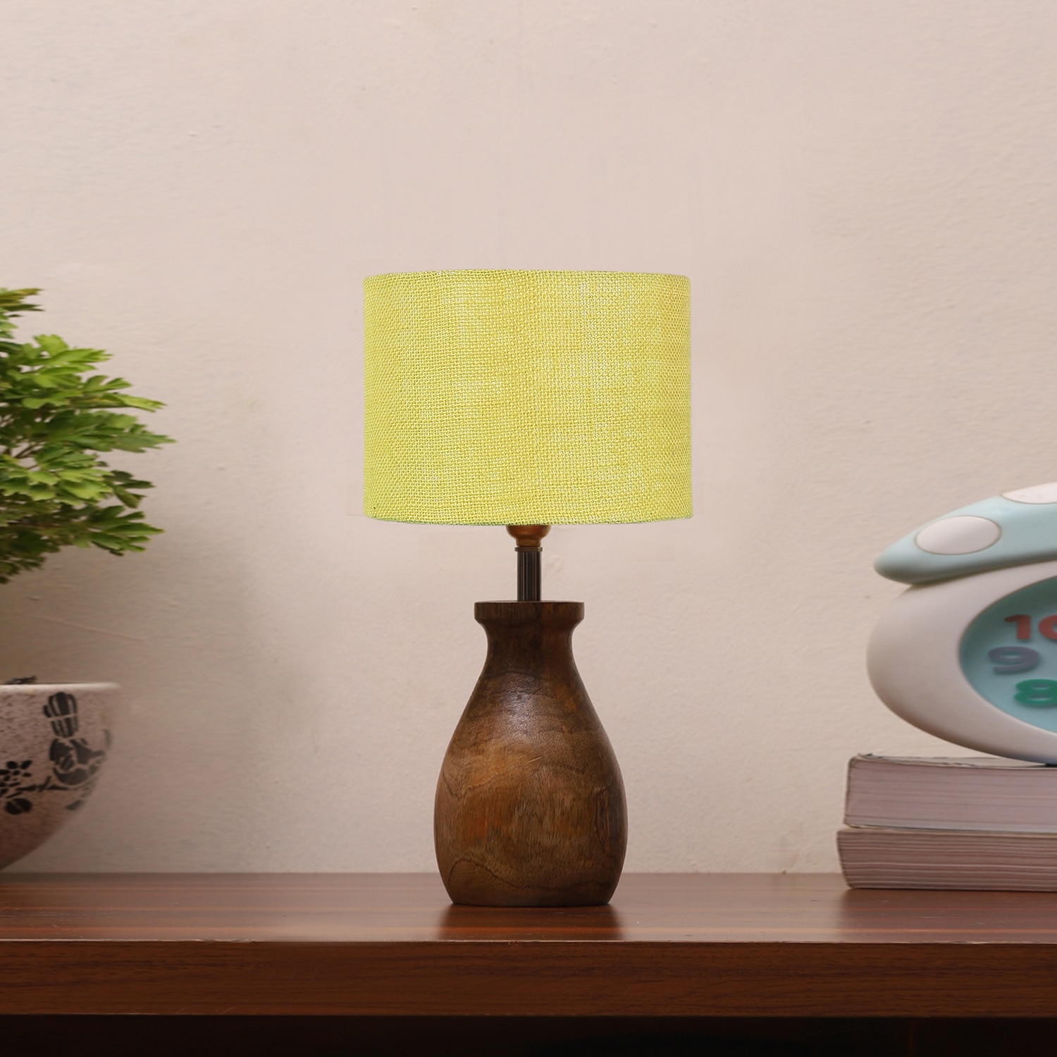 Devansh Yellow Jute Table Lamp With Wood Natural Base (7X13 Inches)-21