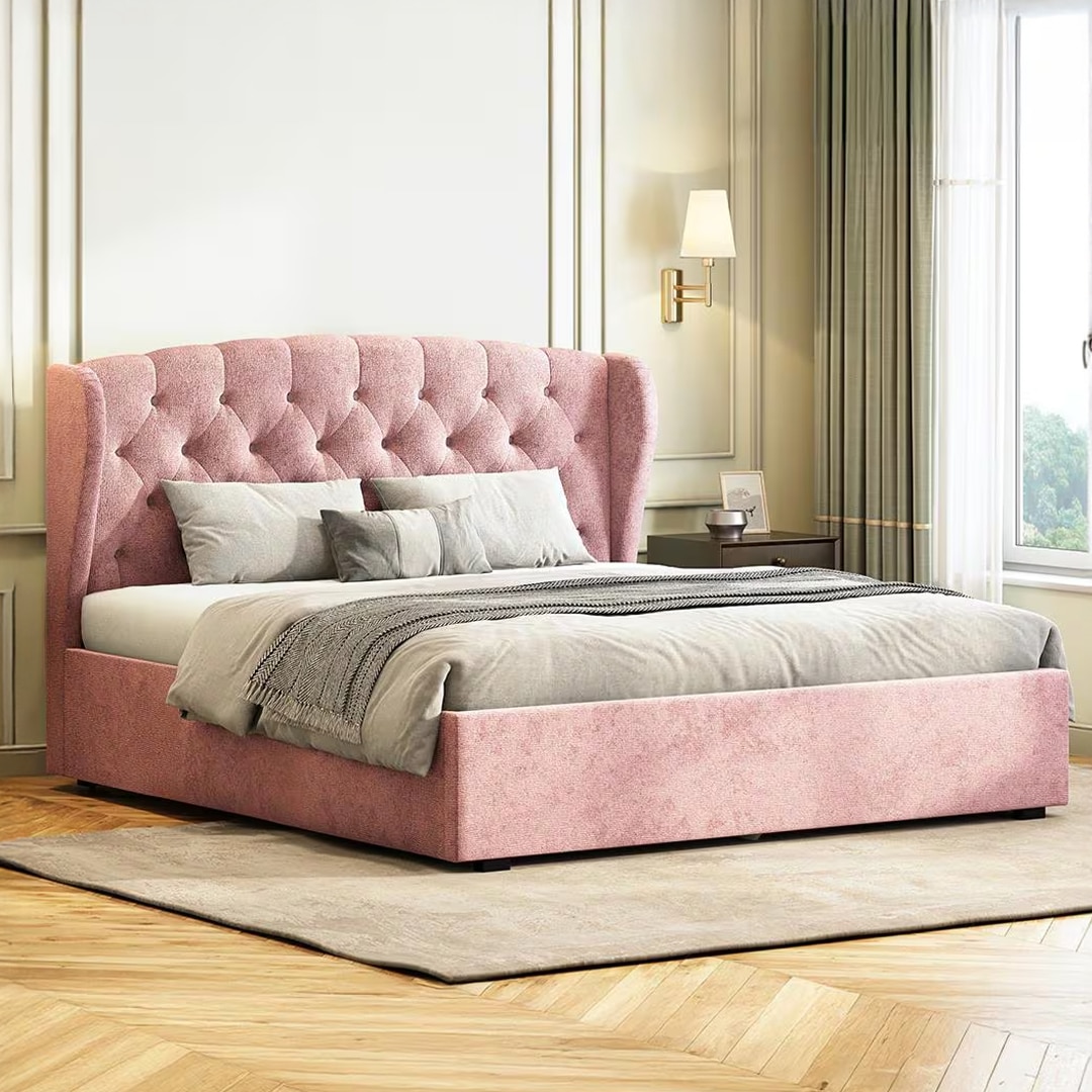Holmebrook Upholstered Storage Bed In Hydraulic in Queen Size Desert Rose Colour