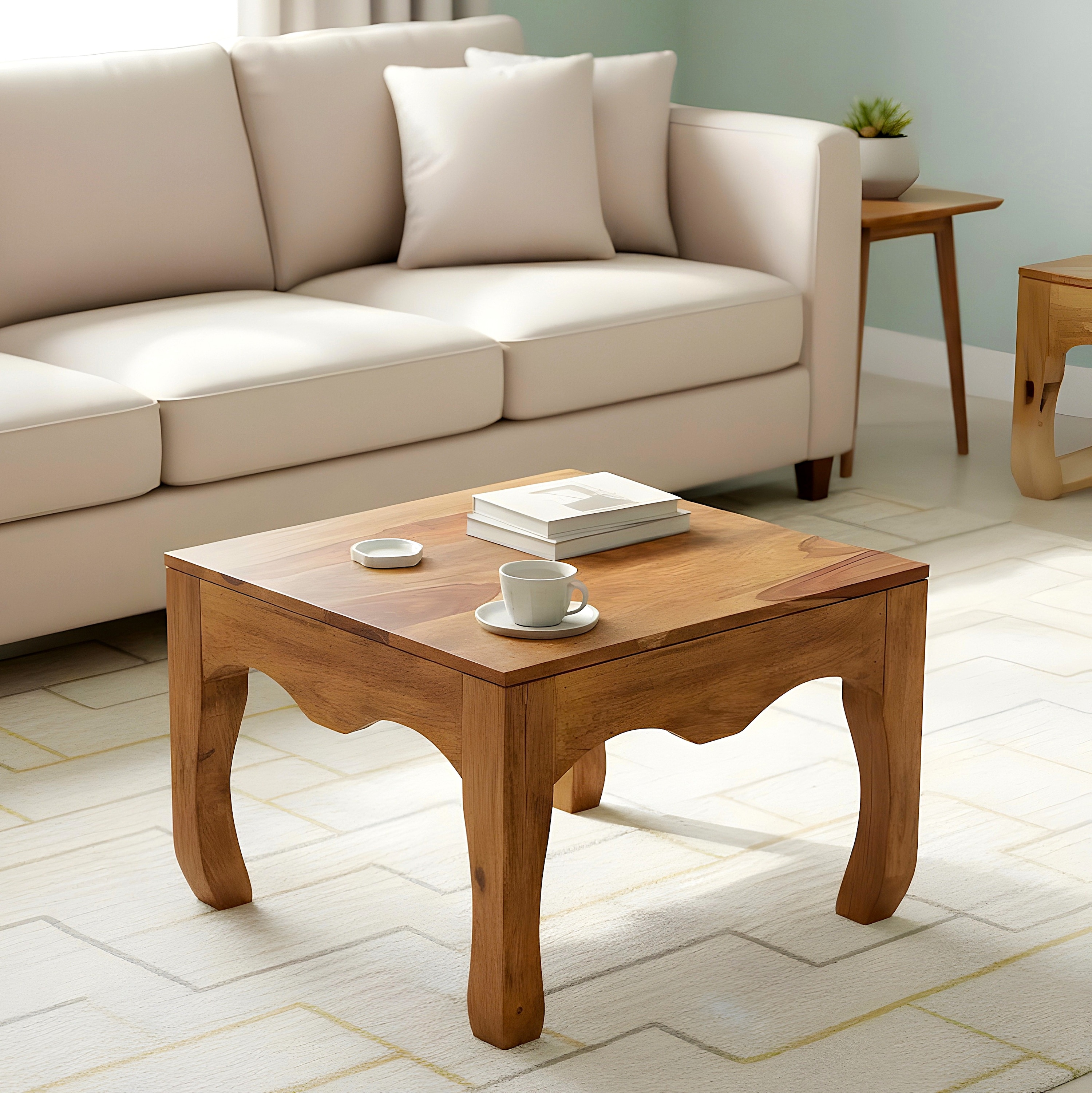 Lyon Sheesham Wood Contemporary Square Coffee Table In Natural Teak Finish - Ikiriya