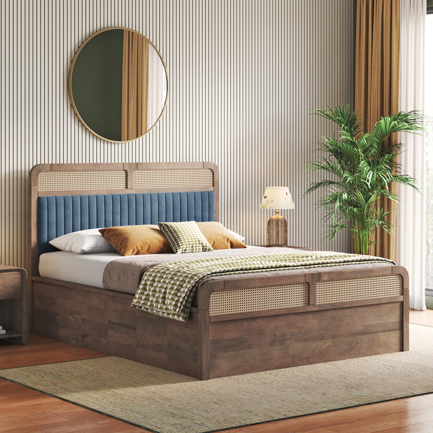 Hanoi Solid Wood Cane Queen Size Hydraulic Storage Bed In Danish Walnut Finish with Davos Plus Colour