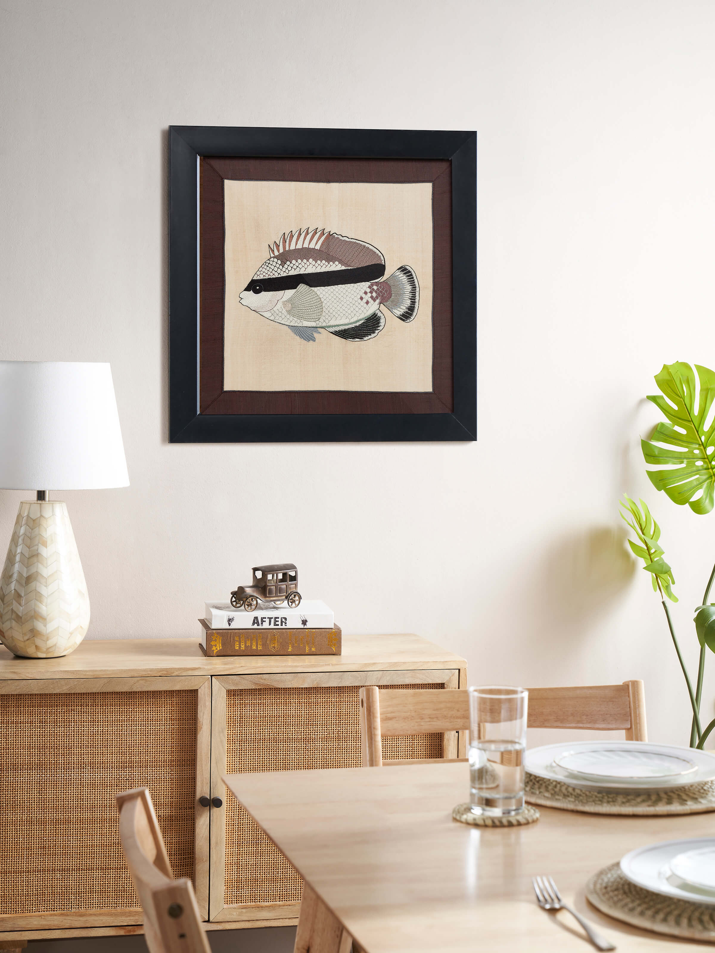 Side view of Aari embroidery Bandit Angelfish wall art emphasizing the detailed stitching and design.