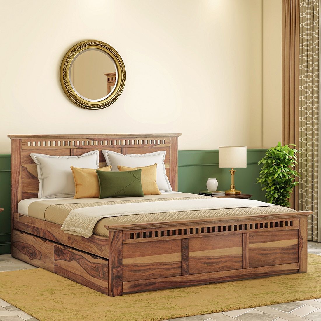 Fidora Solid Wood Queen Size Drawer Storage Bed In Teak Finish