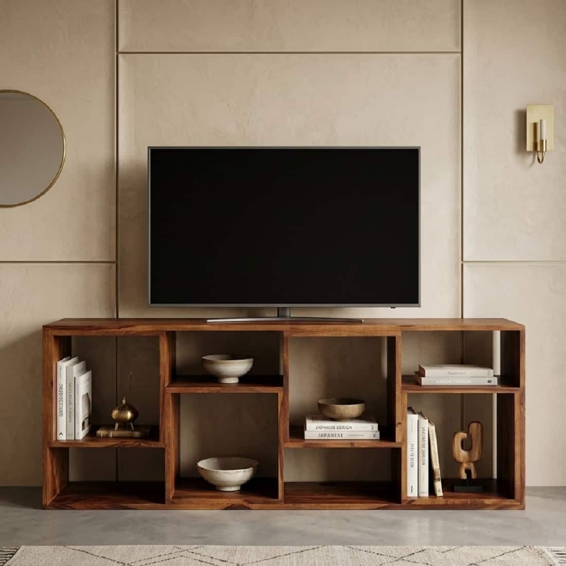 Anaya Solid Sheesham Wood Open Shelves Tv Stand In Provincial Teak Finish - Demiwall
