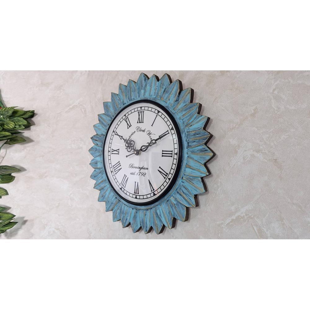 Fonteyn Teal Colour Engineered Wood Distress Finish Sun Flower wall Clock by Disoo Fashions