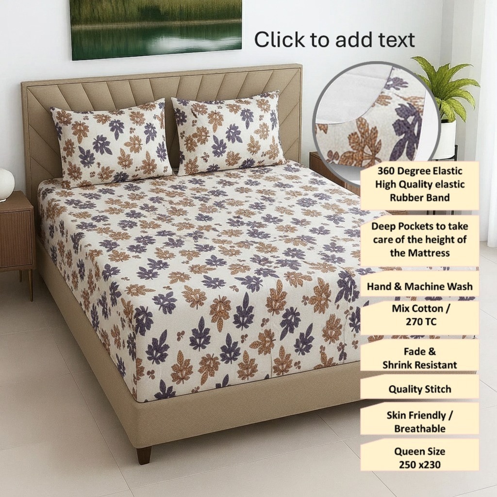 Beige Floral 270 TC Glaze Cotton Fitted Queen Size Bedsheet With 2 Pilllow Covers