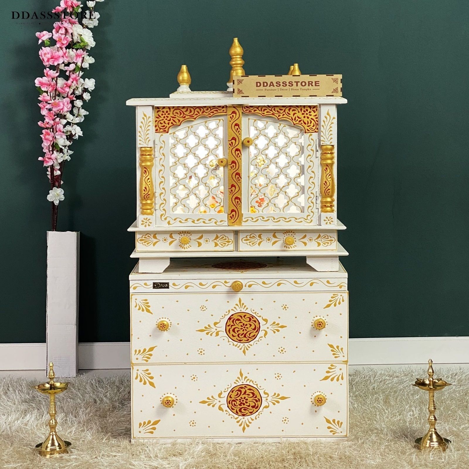D'Dass Multi Color Mdf and Sheesham Wooden Temple With Cabinet For Pooja - D'DASS