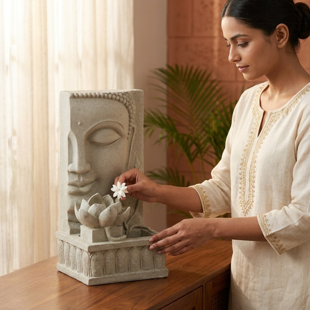 Water Fountain Lotus Buddha Serenity Water Fountain in Sandstone Colour - Vedas