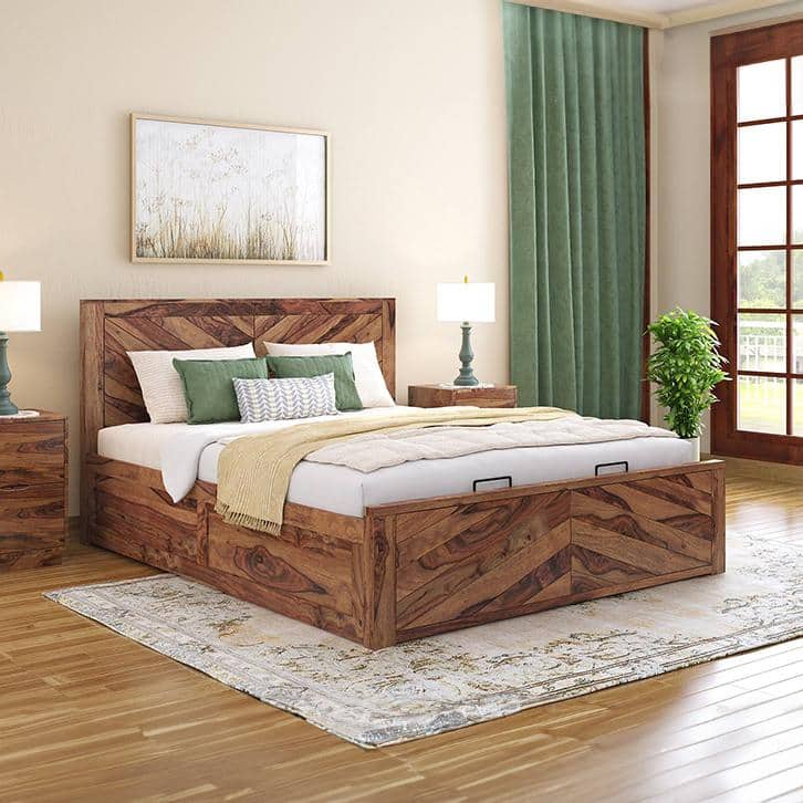 Almaya Solid Wood King Size Hydraulic Storage Bed In Teak Finish