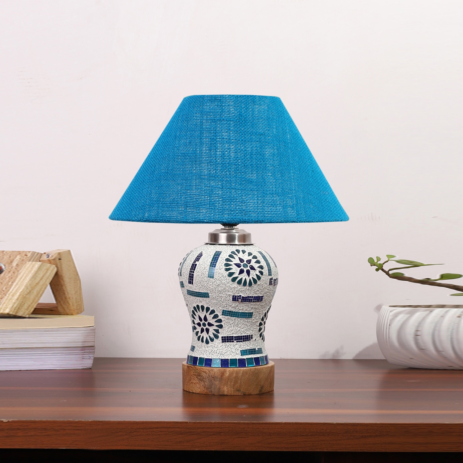 Devansh Conical Turquoise Jute Shade Lamp With Wood & Mosaic Glass Base For Decoration/Office/Home/Gifting/Study For Decoration/Office/Home/Gifting/Study -(10X10X14.5) Inches -A