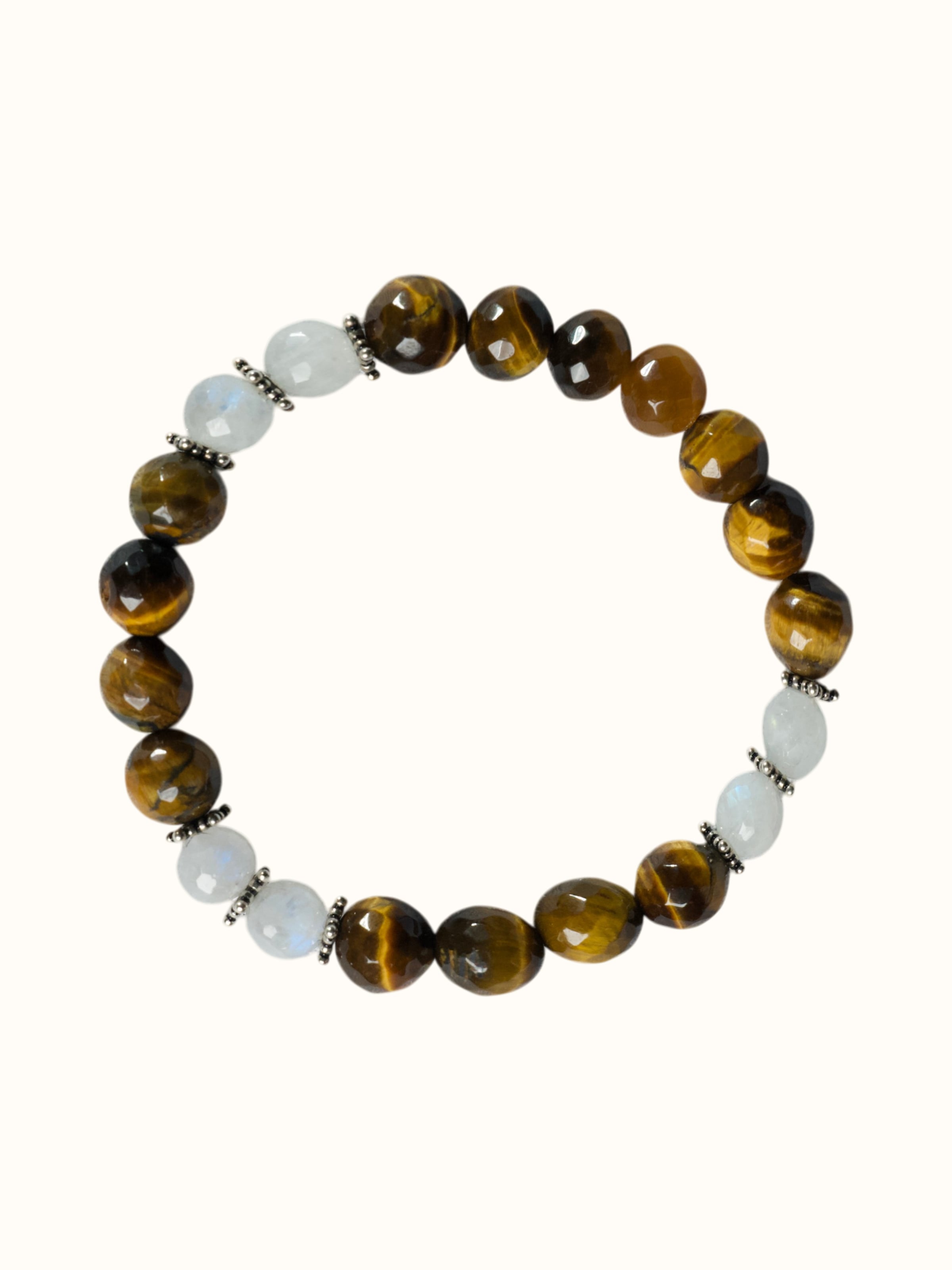 Front view of the Swadesh White Moonstone & Tiger Eye Silver Bracelet