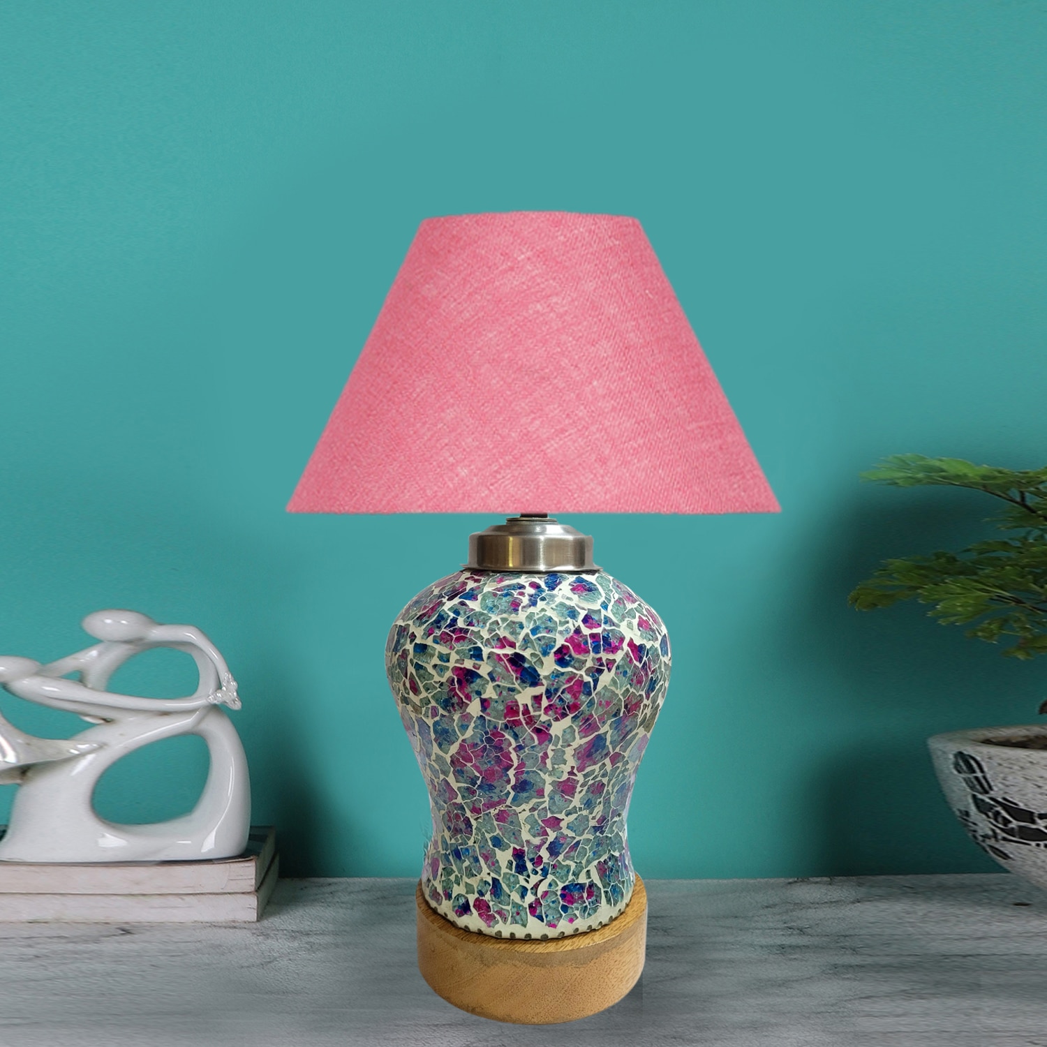 Devansh Conical  Pink Jute Shade  Lamp With  Wood & Mosaicglass Base For Decoration /Office/Home/Gifting/Study For Decoration /Office/Home/Gifting/Study -(10X10X14.5) Inches - - Devansh
