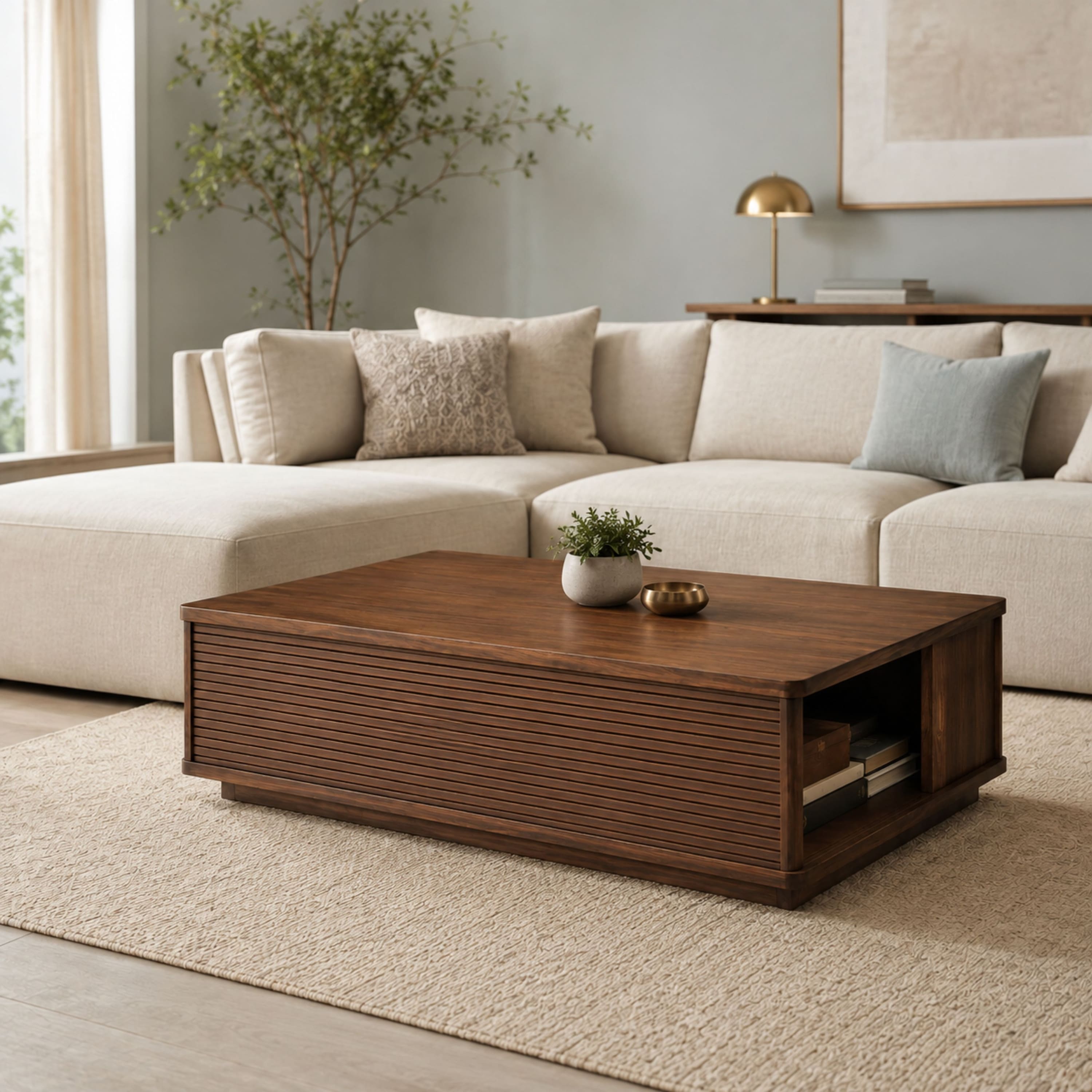 Selwyn Sheesham Wood Linear Slat Coffee Table in Walnut Finish
