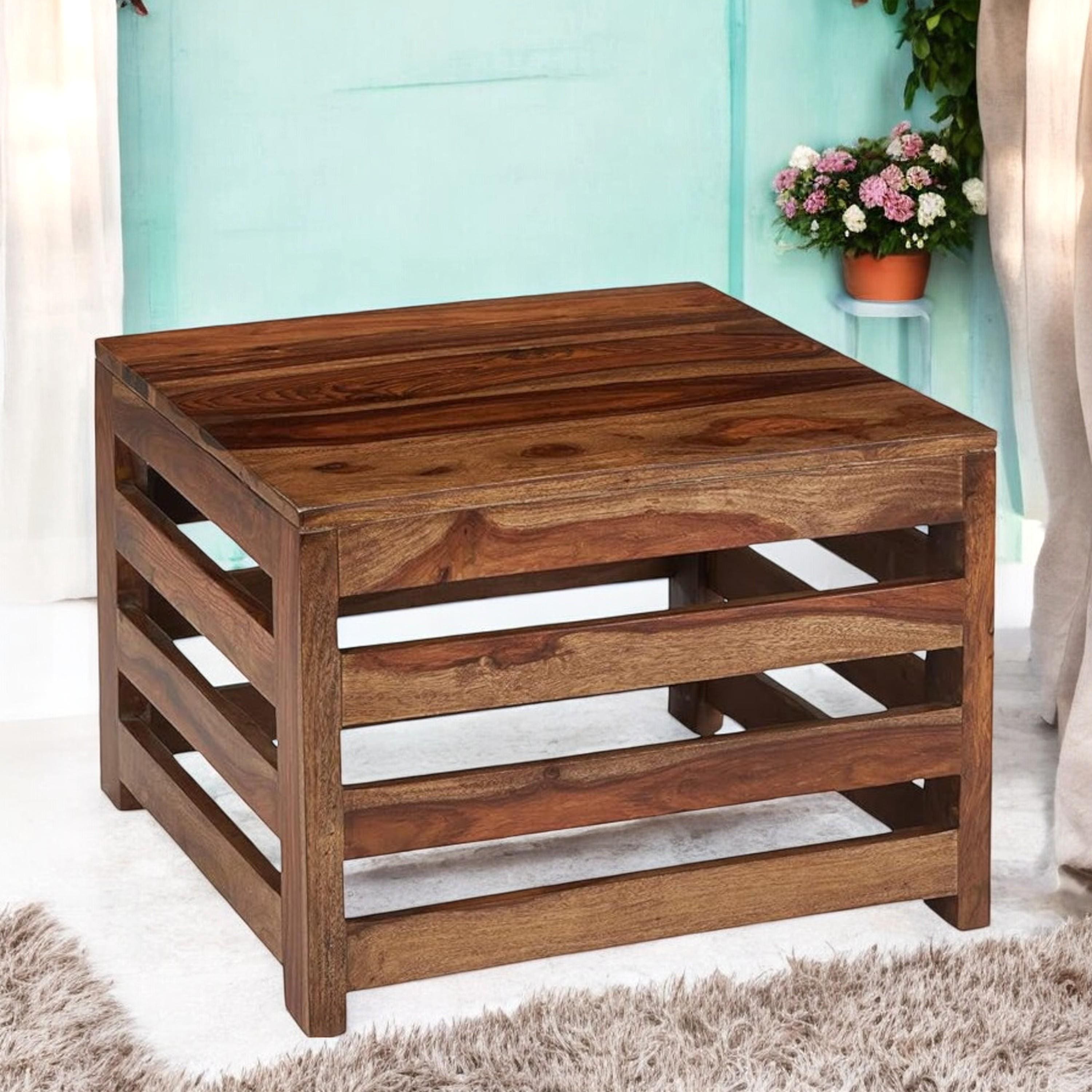 Kingsville Sheesham Wood Contemporary Square Coffee Table In Natural Teak Finish