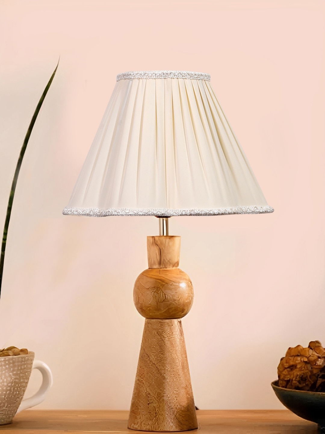 Devansh Off-White Cotton Vintage  Lamp With Wood Base (12X19.25) - Devansh