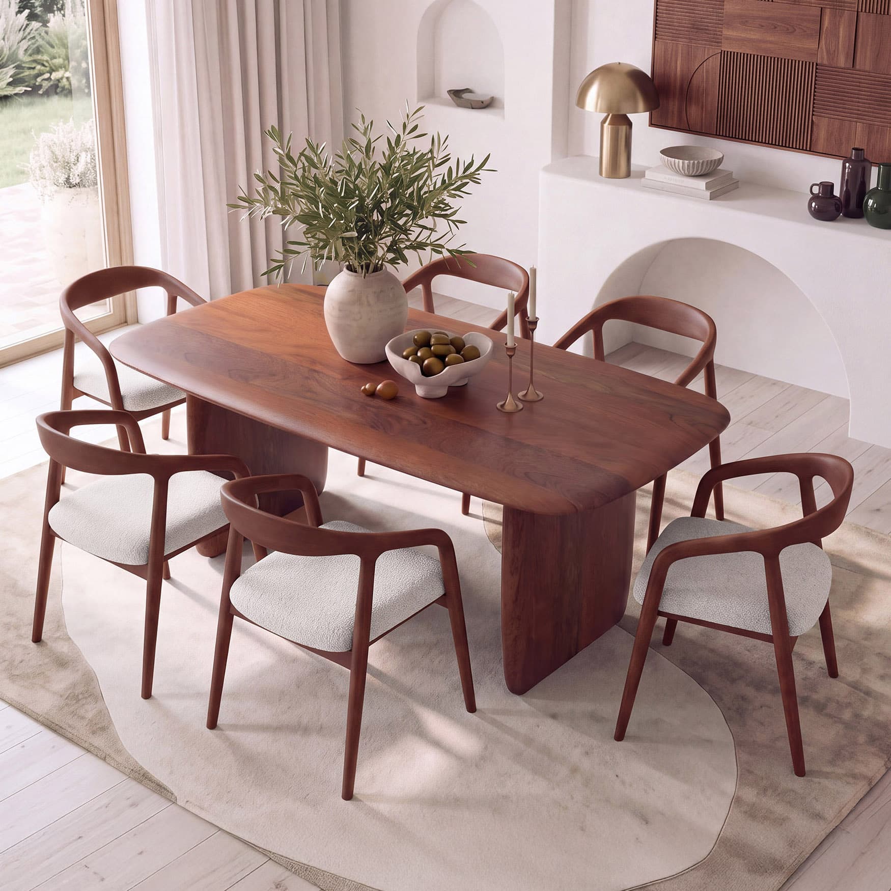 Zen Rectangular Solid Wood 6 Seater Dining Table With 6 Zen Solid Wood Dining Chair (Finish: Honey, Colour: White Boucle)