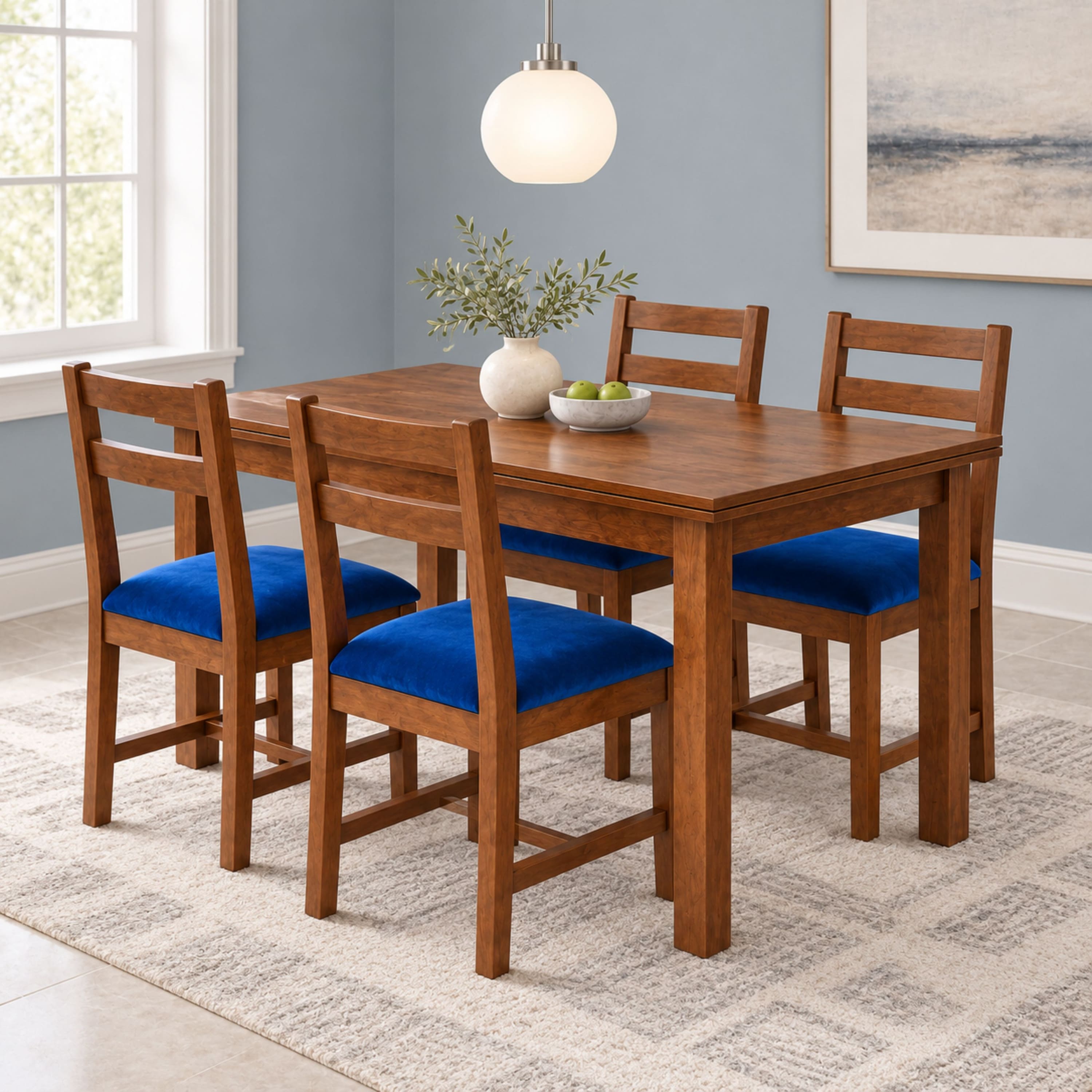 Globally Indian Sarala Solid Sheesham Wood 4 Seater Dining Table Set 4 Chairs Navy Blue