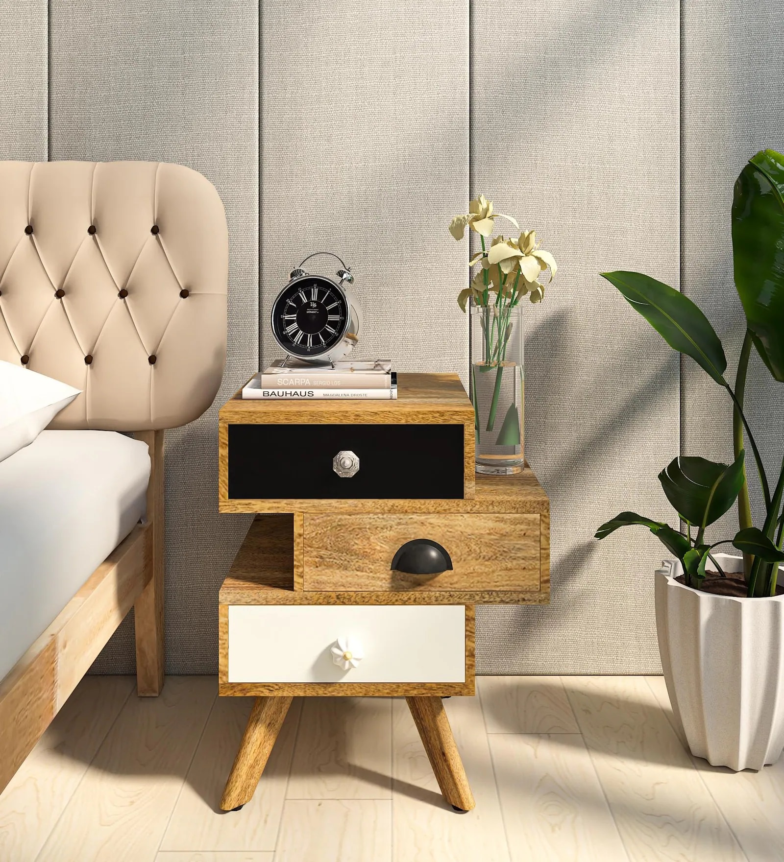 Tarquin Solid Wood Bedside Chest In Natural Finish - Woodenmood