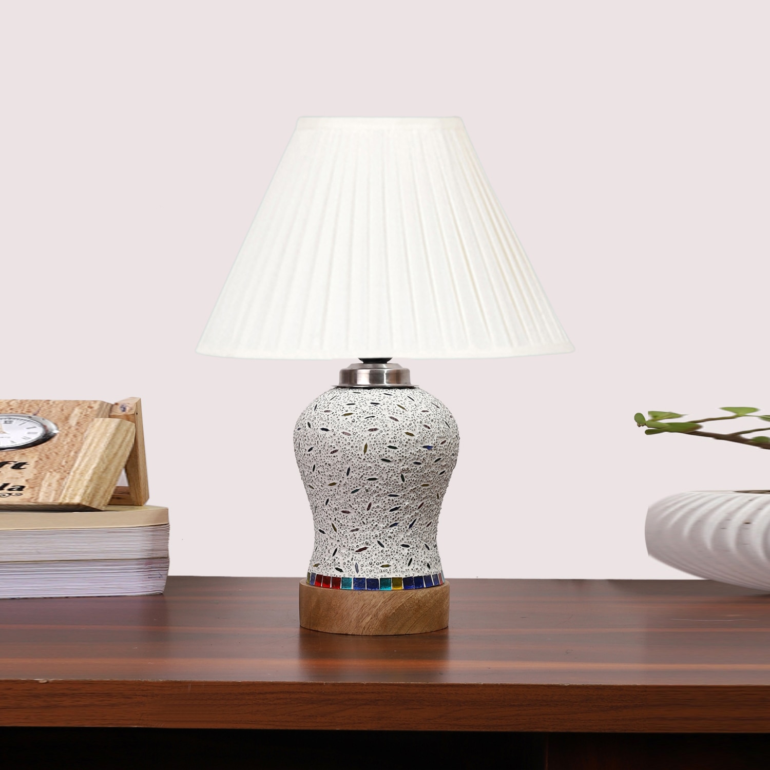 Devansh Off-White Cotton Straight Pleated Shade Lamp With Wood & Mosaic Glass Base For Decoration/Office/Home/Gifting/Study For Decoration/Office/Home/Gifting/Study
