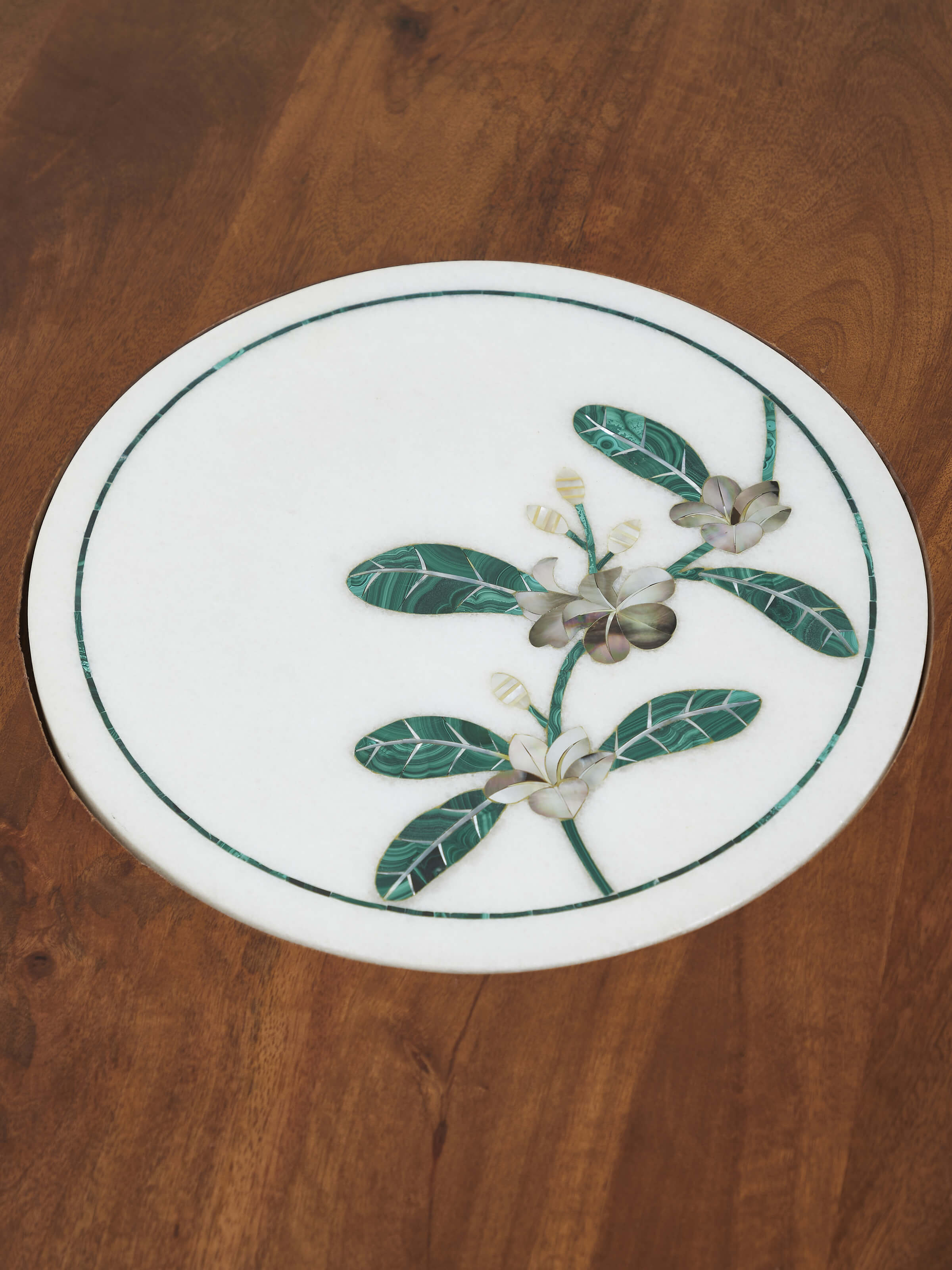 Detail shot of Pacchikari Marble Walnut Finish Round Coffee Table
