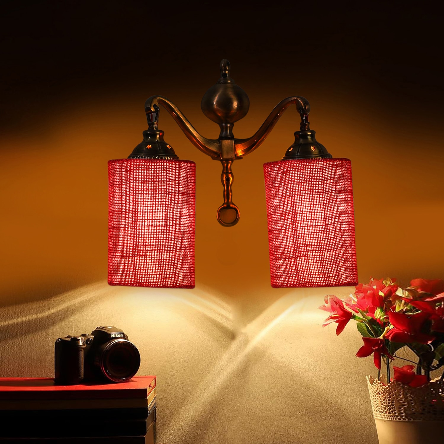 Devansh Metal Electric Wall Light in Maroon Colour with Maroon Shade Count of 2 Lights - Devansh