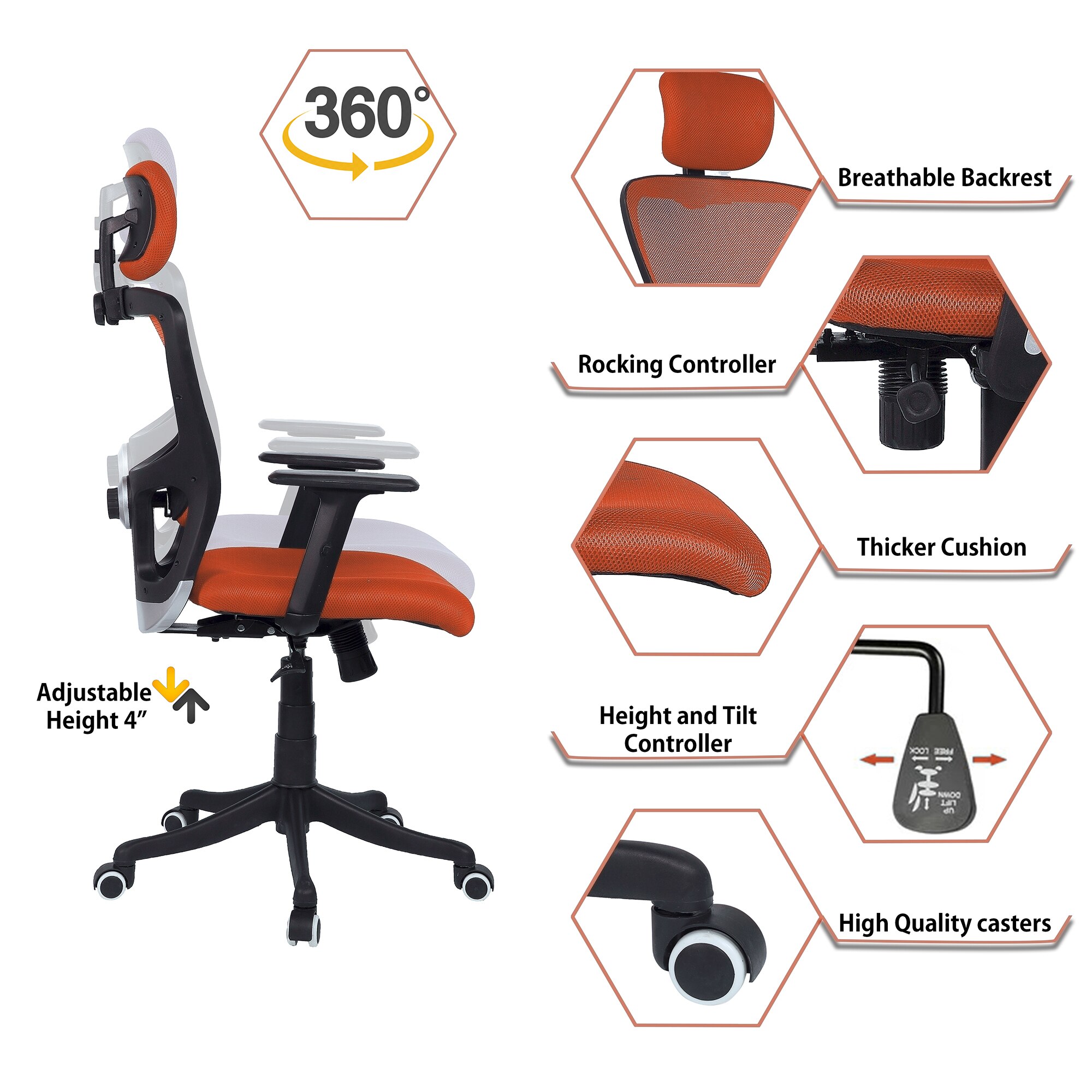 Dreaceo High Back Ergonomic Chair in Orange Colour