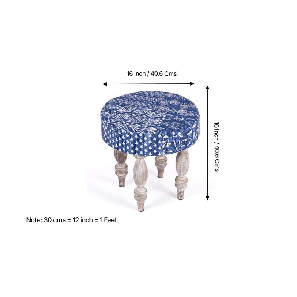 Bestone Sheesham Wood Mid Century Seater Bench Set  2 Stools In Indigo Patchwork Kantha