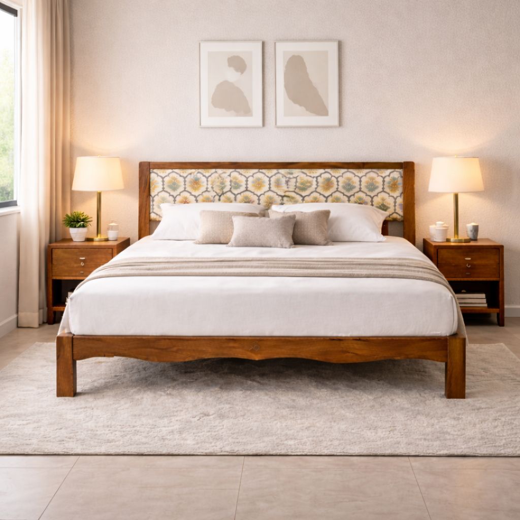 Averra Solid Wood Queen  Size Upholstered Bed Without Storage (Provincial Teak Finish, Golden Colour) - Globally Indian