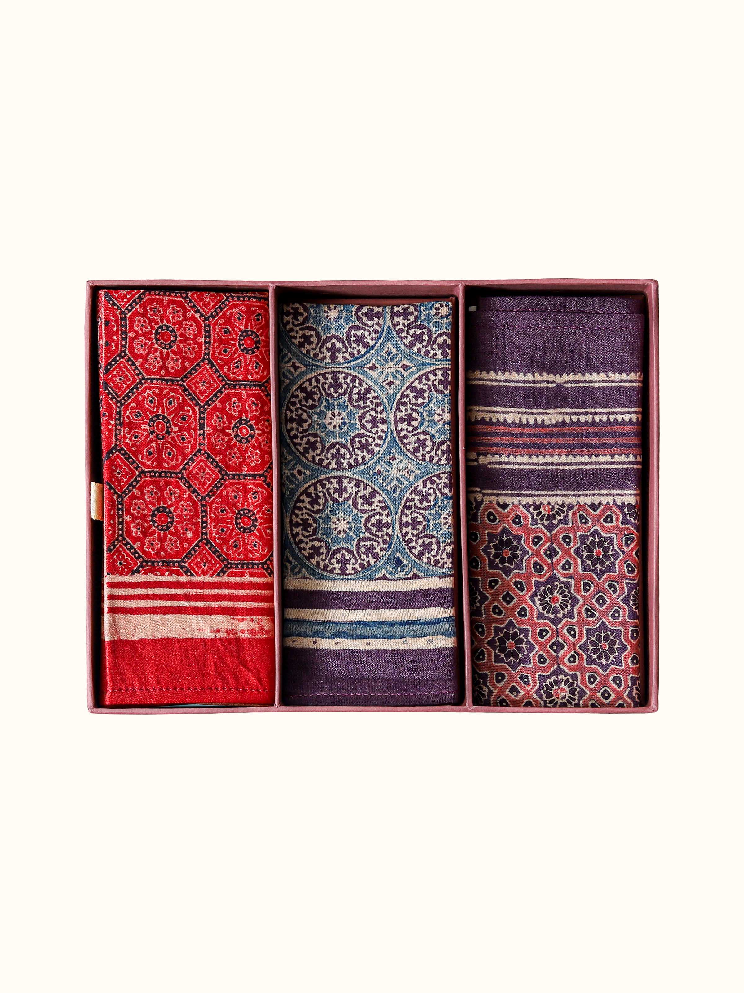 Assorted Silk Ajrakh Block Printed Pocket Squares Gift Set (3Pcs)