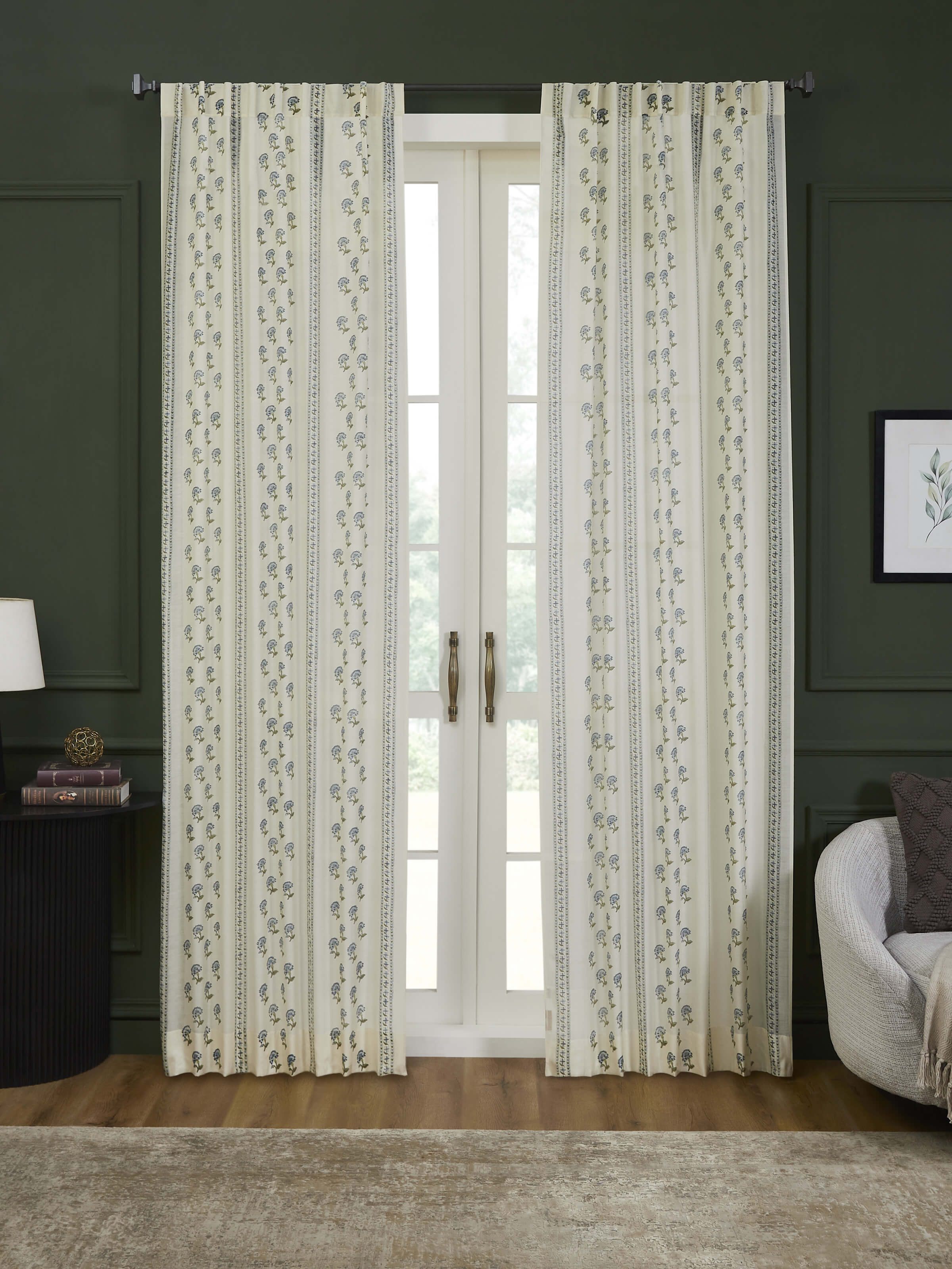 Aarunya Blue Floral Cotton Silk Sanganeri Hand Block Printed Sheer Curtain (9 Ft)