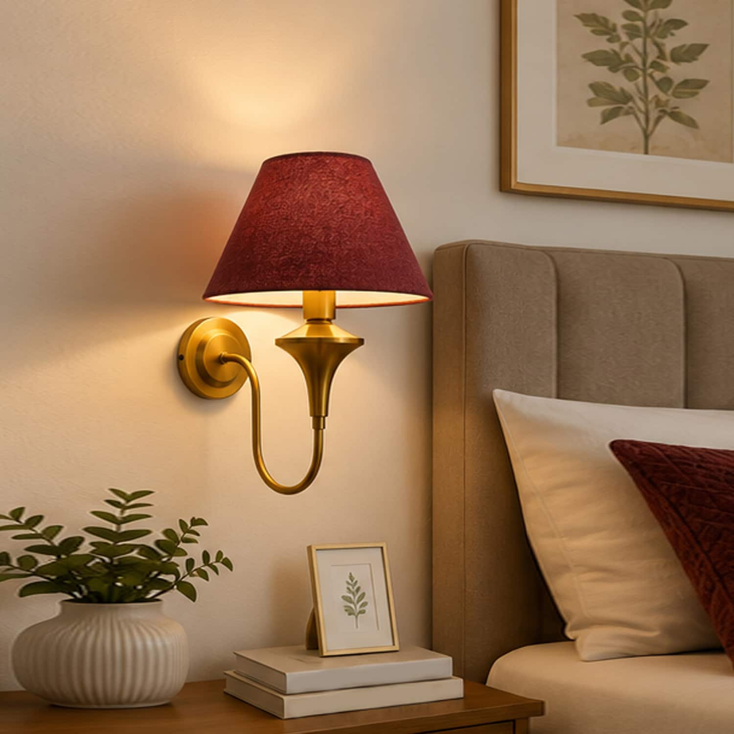 Devansh Metal Electric Wall Light in Antique Gold Colour with Maroon Shade Count of 2 Lights