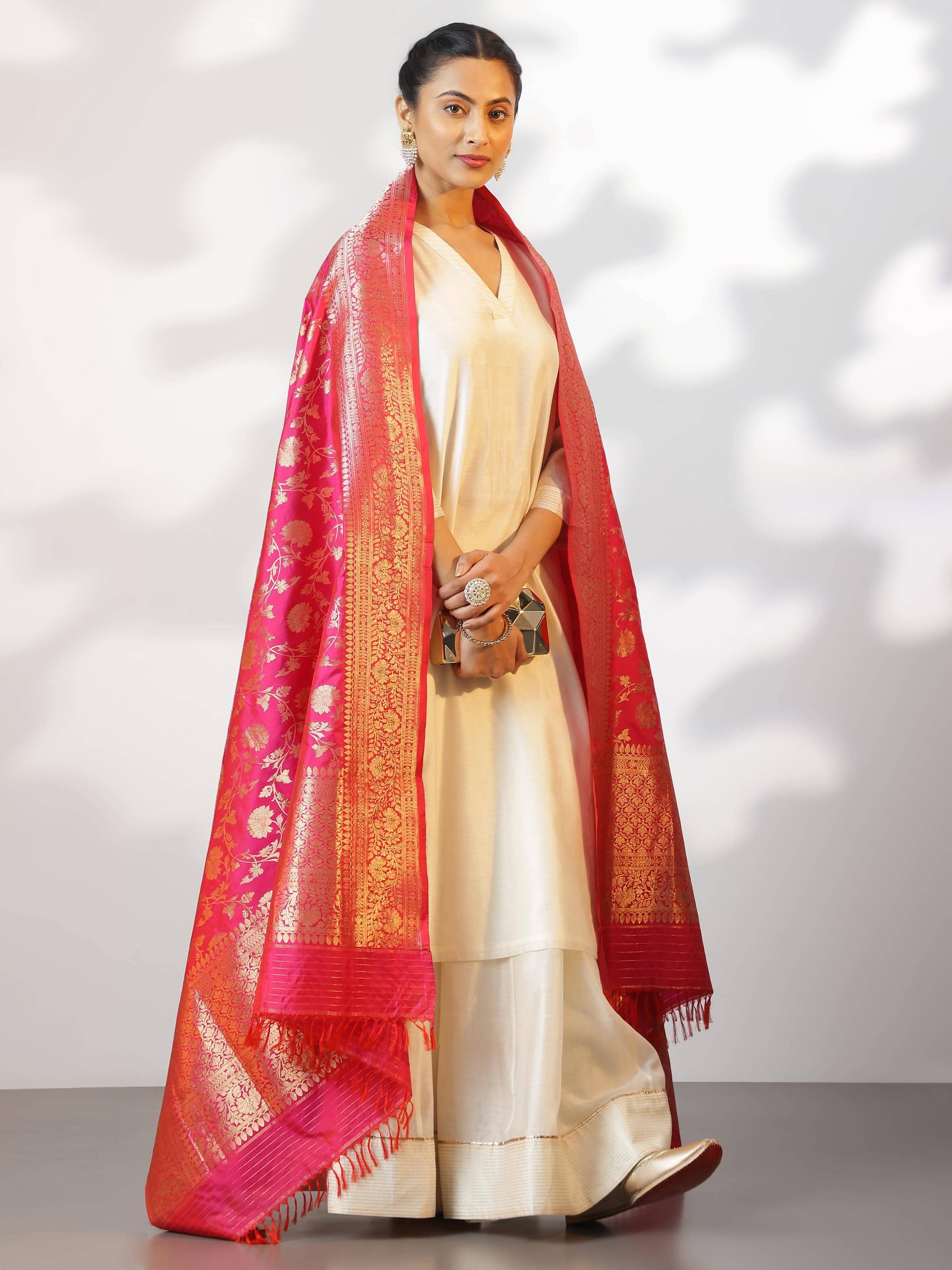 Pink Silk Banarasi Dupatta
