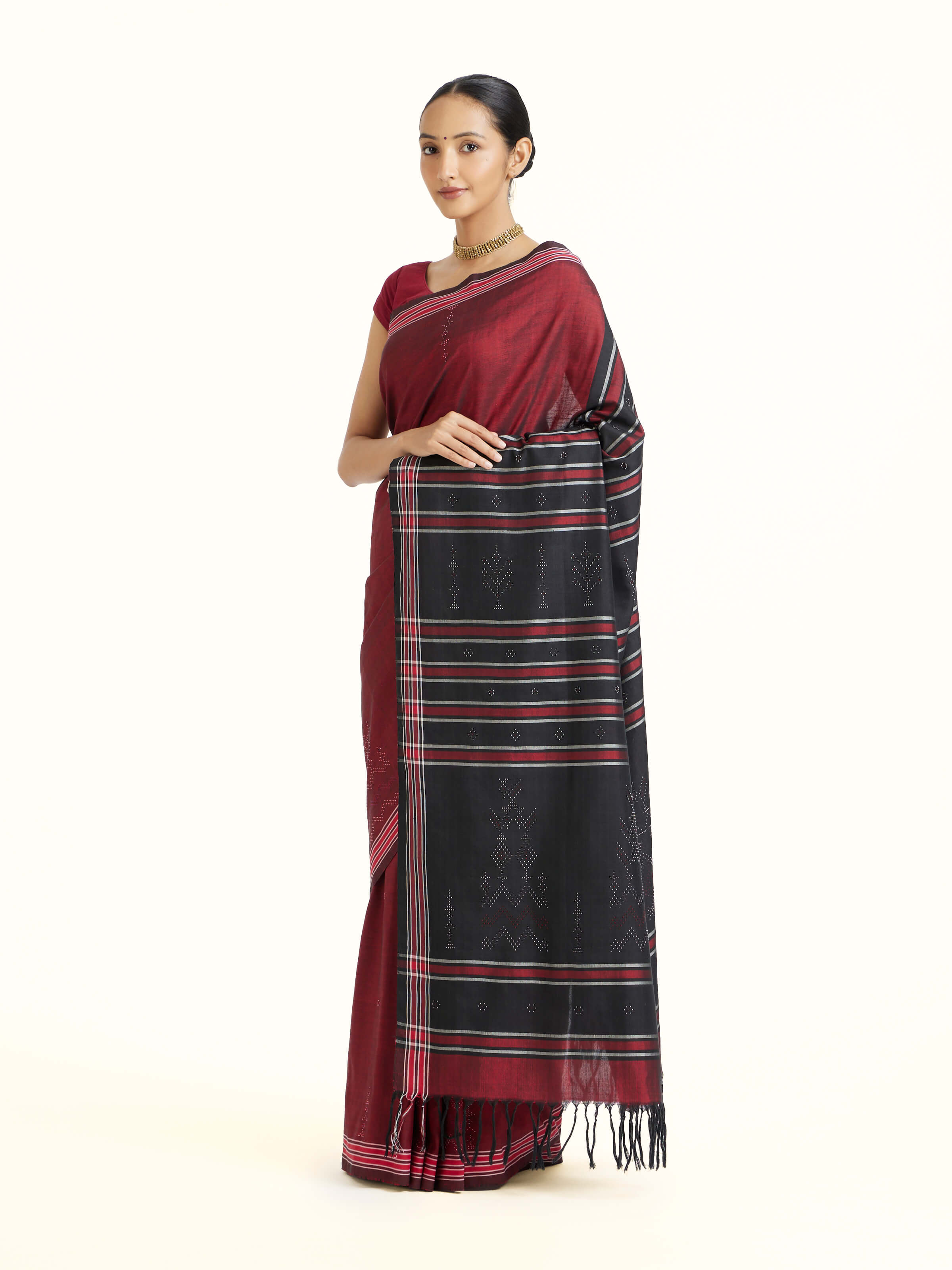 Maroon Cotton Silk Tangalia Saree