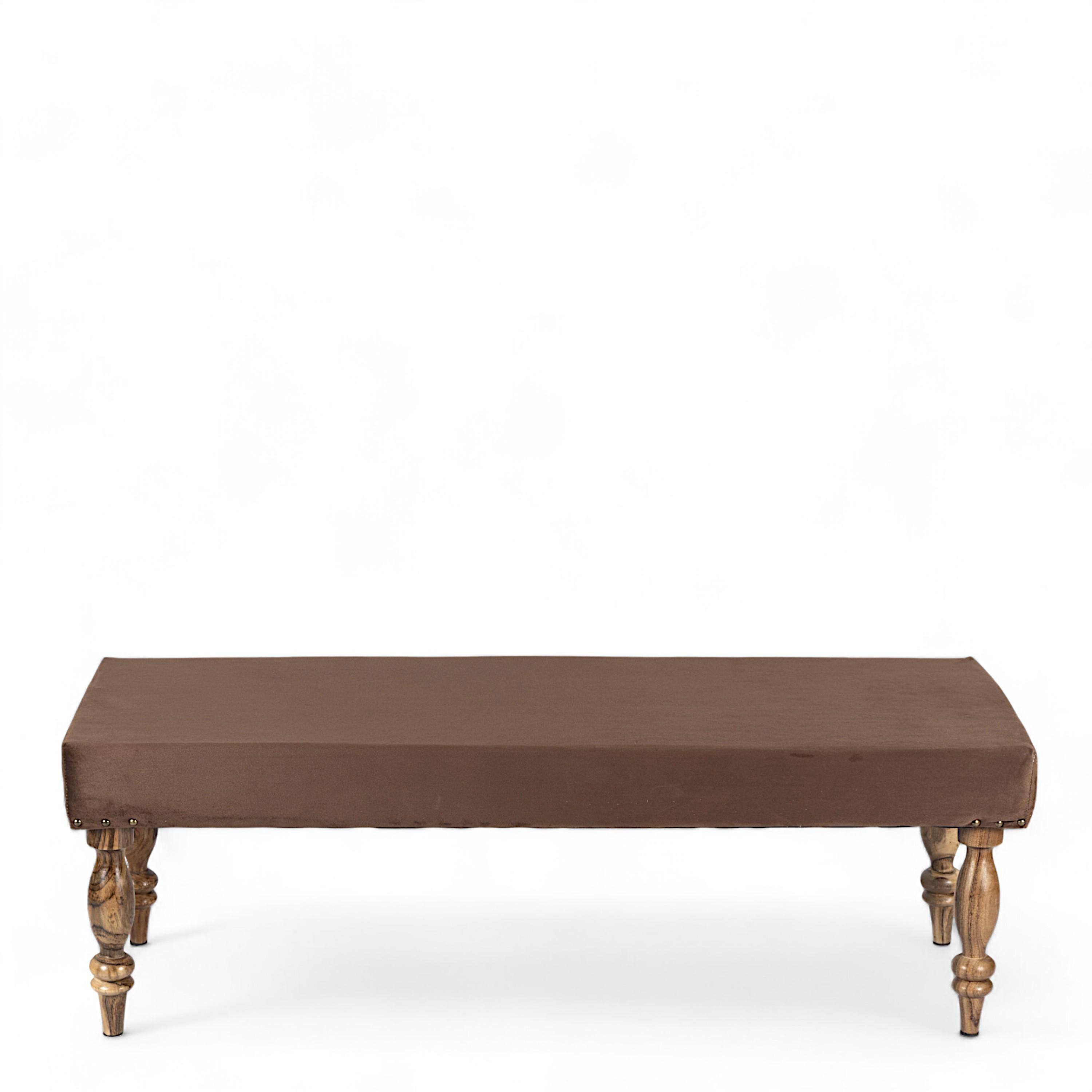 Cairo Sheesham Wood Accent 3+1+1 Seater Bench Set With 2 Stools In Taupe Brown Velvet