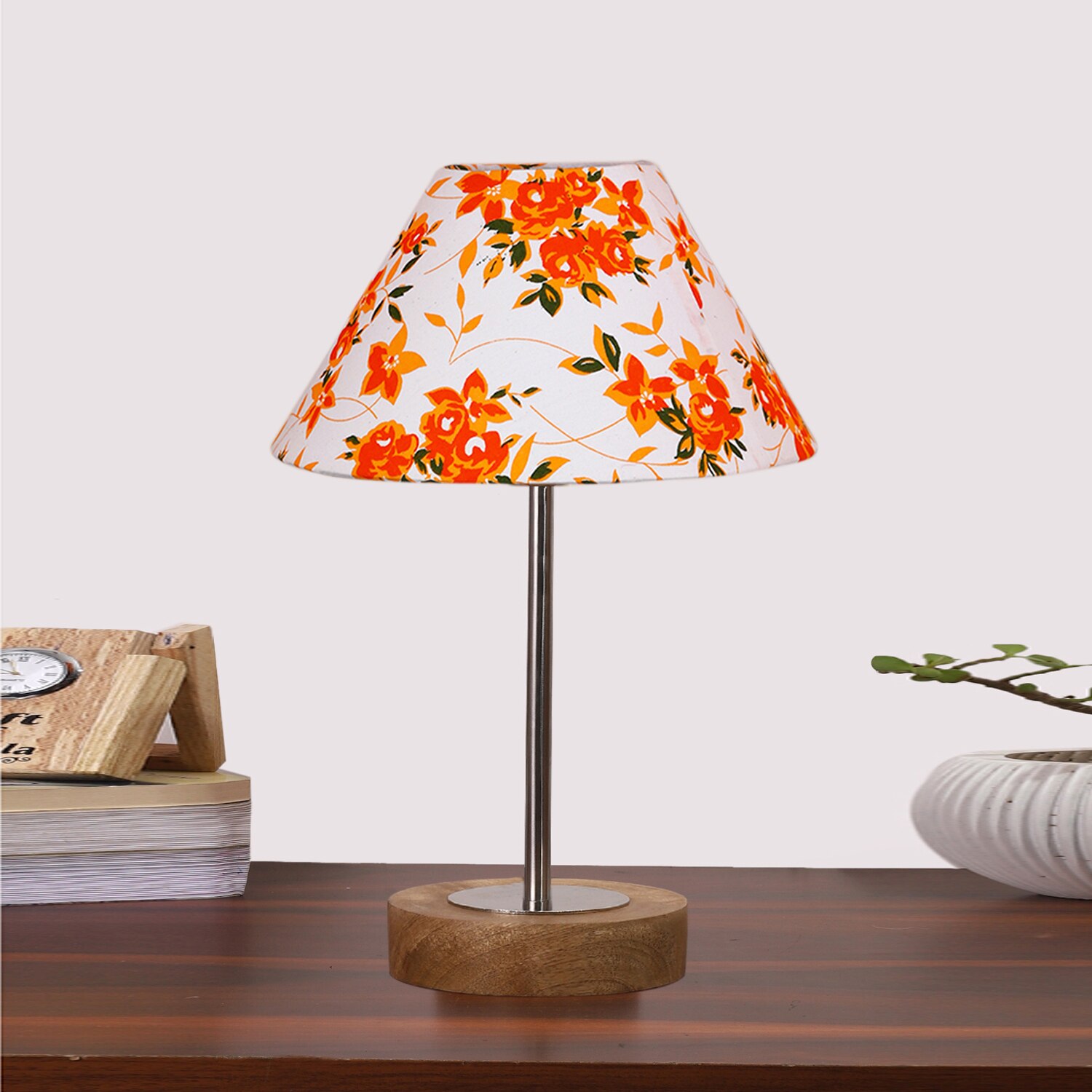 Devansh Multicolor Cotton Table Lamp With  Natural  Wood Base  & Steel Pipe (10X16.25 Inches)-39