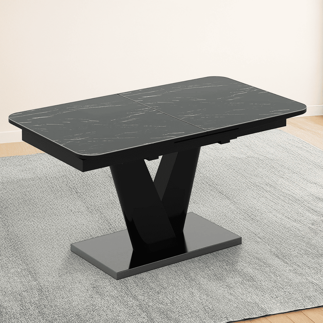 Caribu 6 To 8 Extendable Dining Table In Black Marble Color With High Gloss Finish