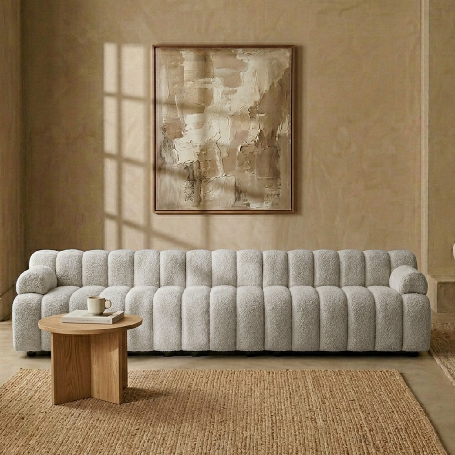 Chiccomfort Wood 4 Seater With Upholstery Non Storage Sofa In Beige Colour - Nestroots