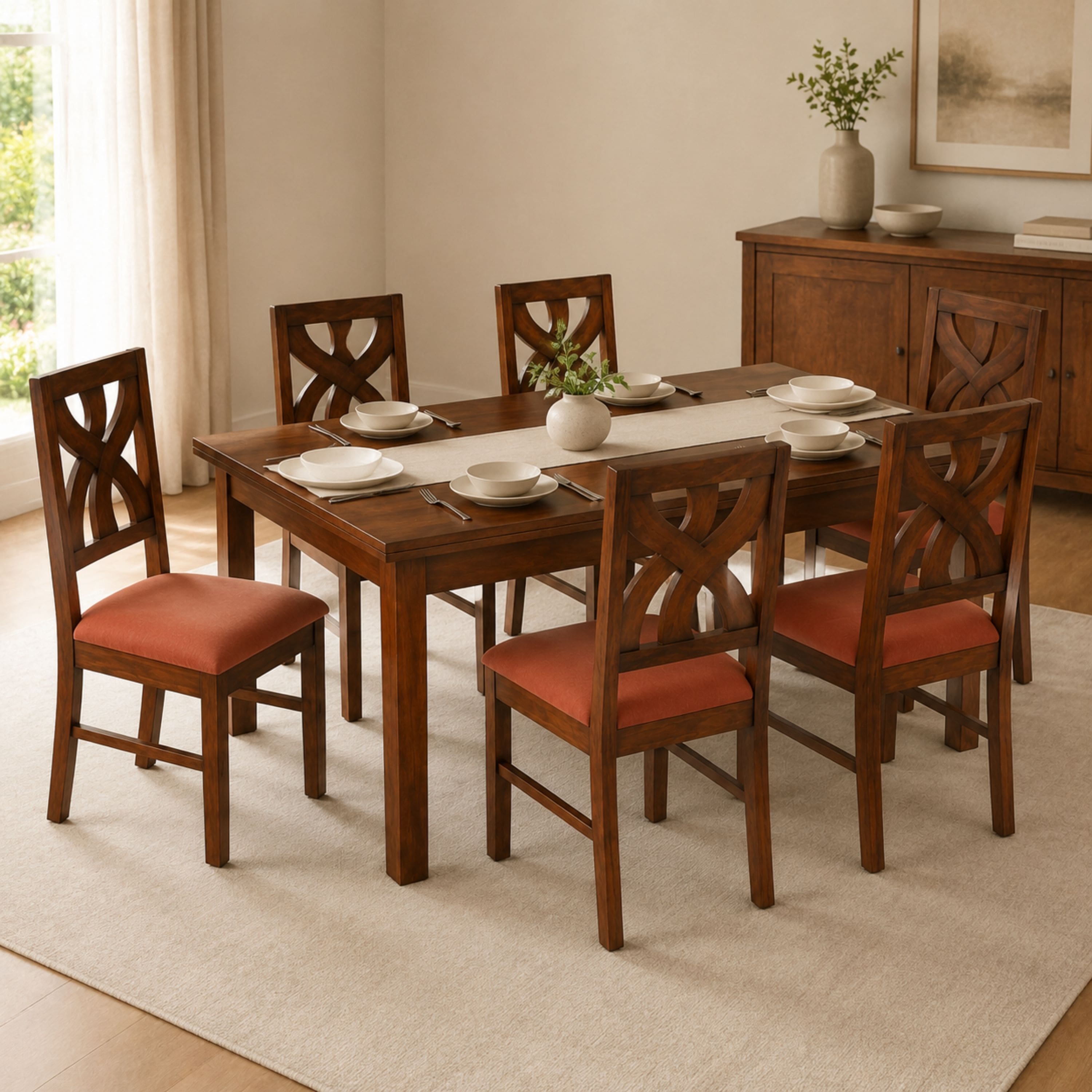Globally Indian Anvaya Solid Sheesham Wood 6 Seater Dining Table Set 6 Chairs Terracotta Orange