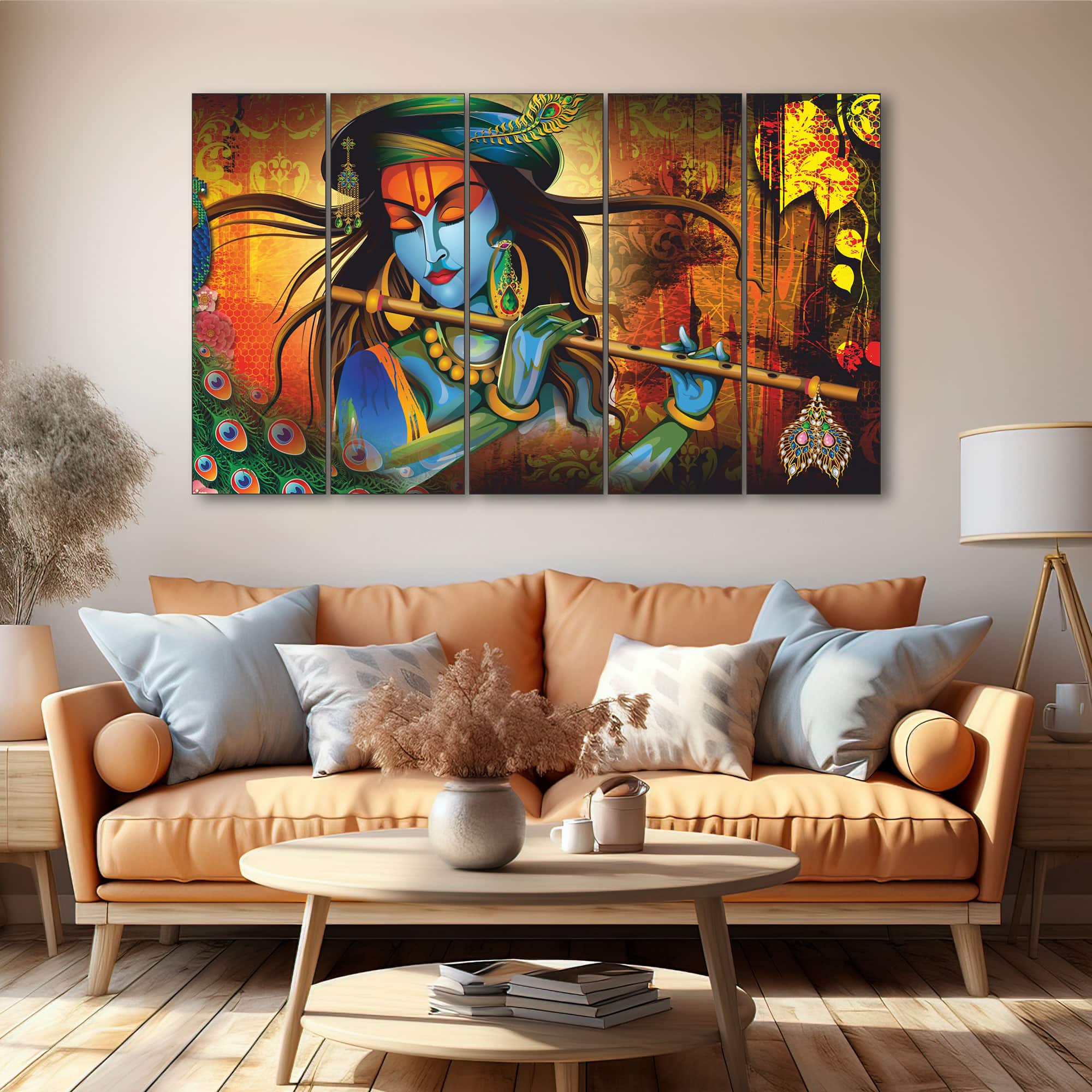 The Castle Decor Krishna Flute Wall Art Set of 5 27x48 Inch (Style 1) - The Castle Decor