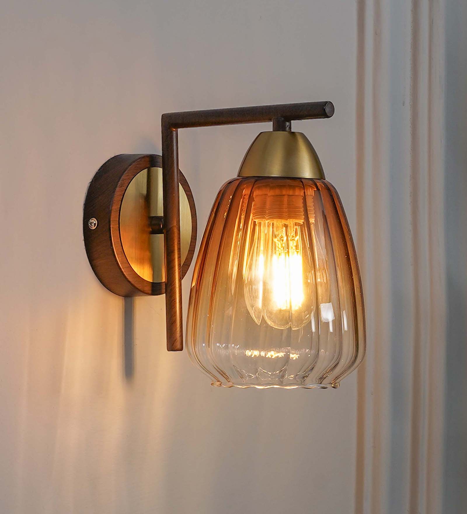 Kichler Single Light Wall Fitting In Brass And Wood Finish Metal With Amber Glass - Kapoor Lamp Shades