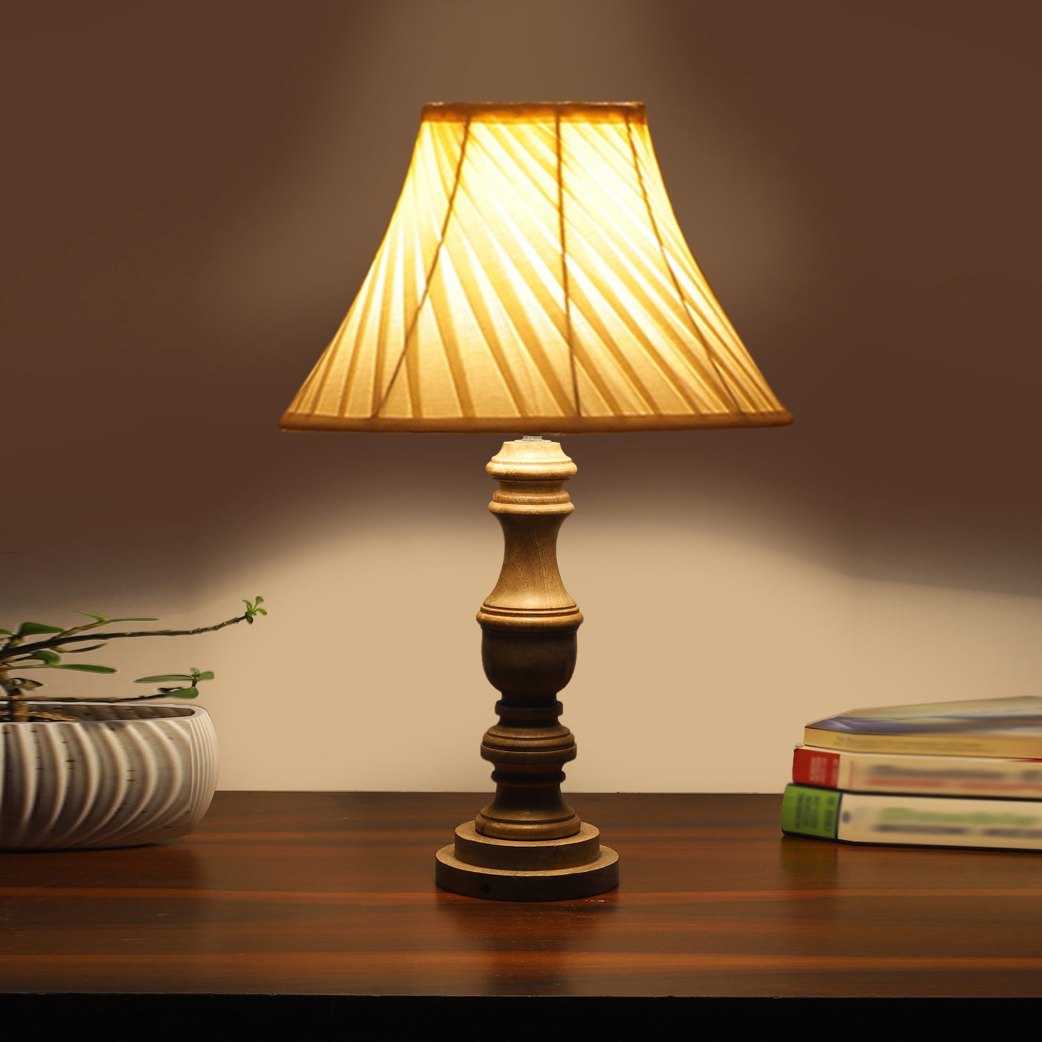 Devansh Off-White Cotton Vintage Cross Pleated Lamp With Wood Base