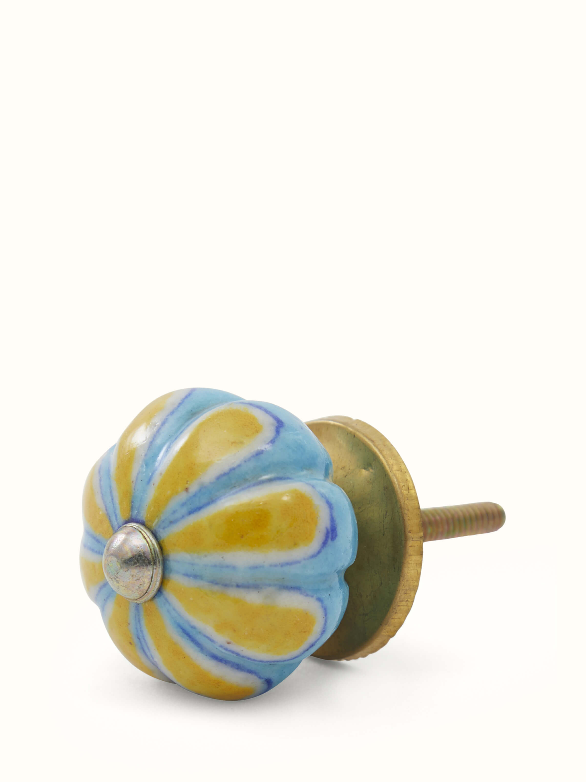 Angled view of Blue Pottery Round Rib Door Knob Set