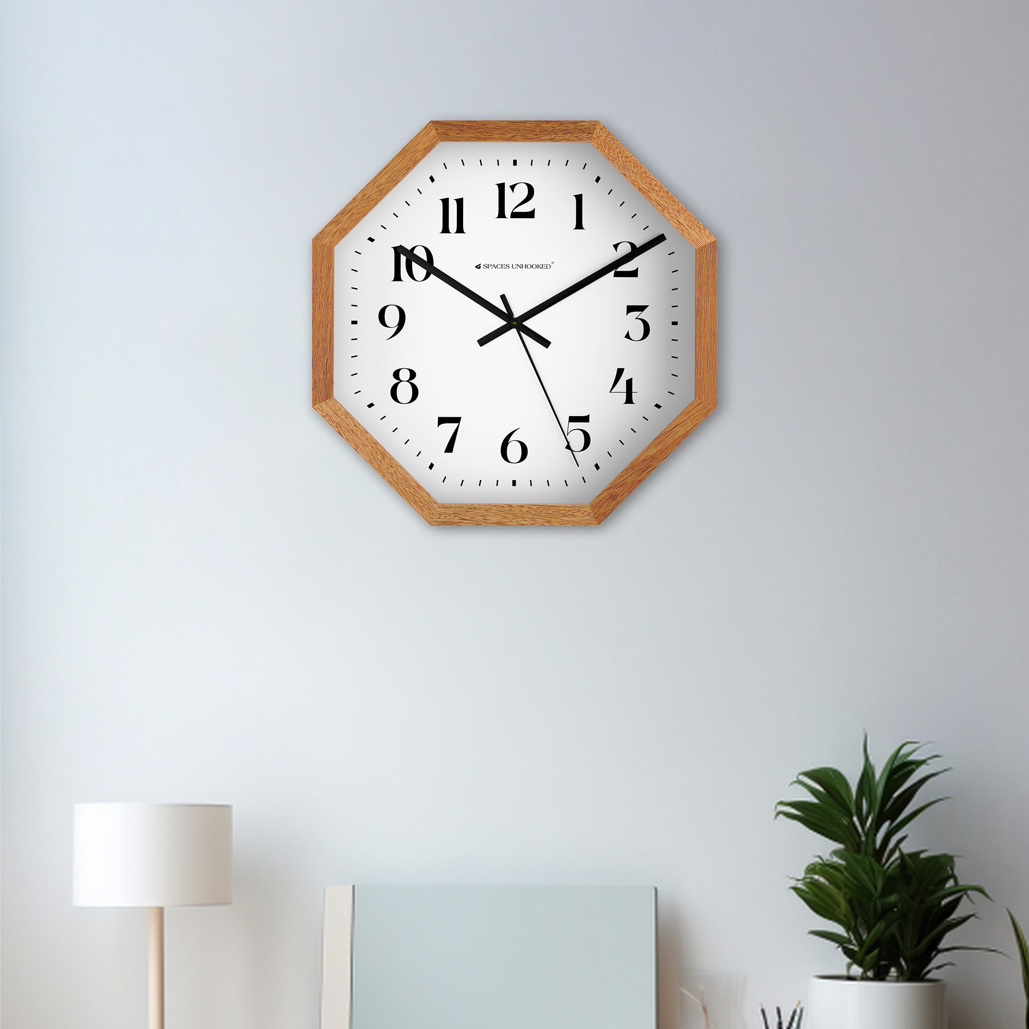 Octagonal Wooden Wall Clock with Warm Natural Frame