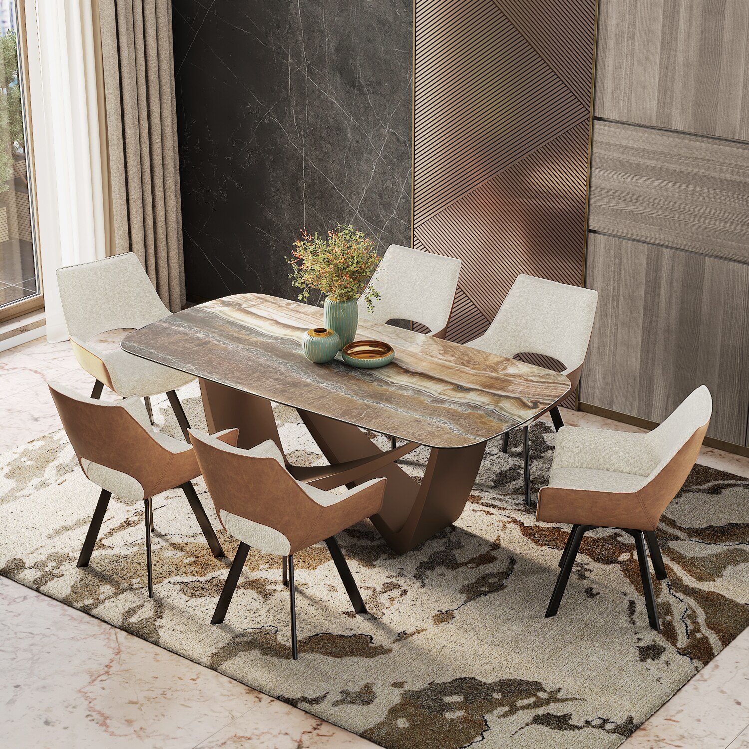 Paloma Casey 6 Seater Dining Set (Jupiter Spanish Ceramic Finish, Beige & Tan Colour)