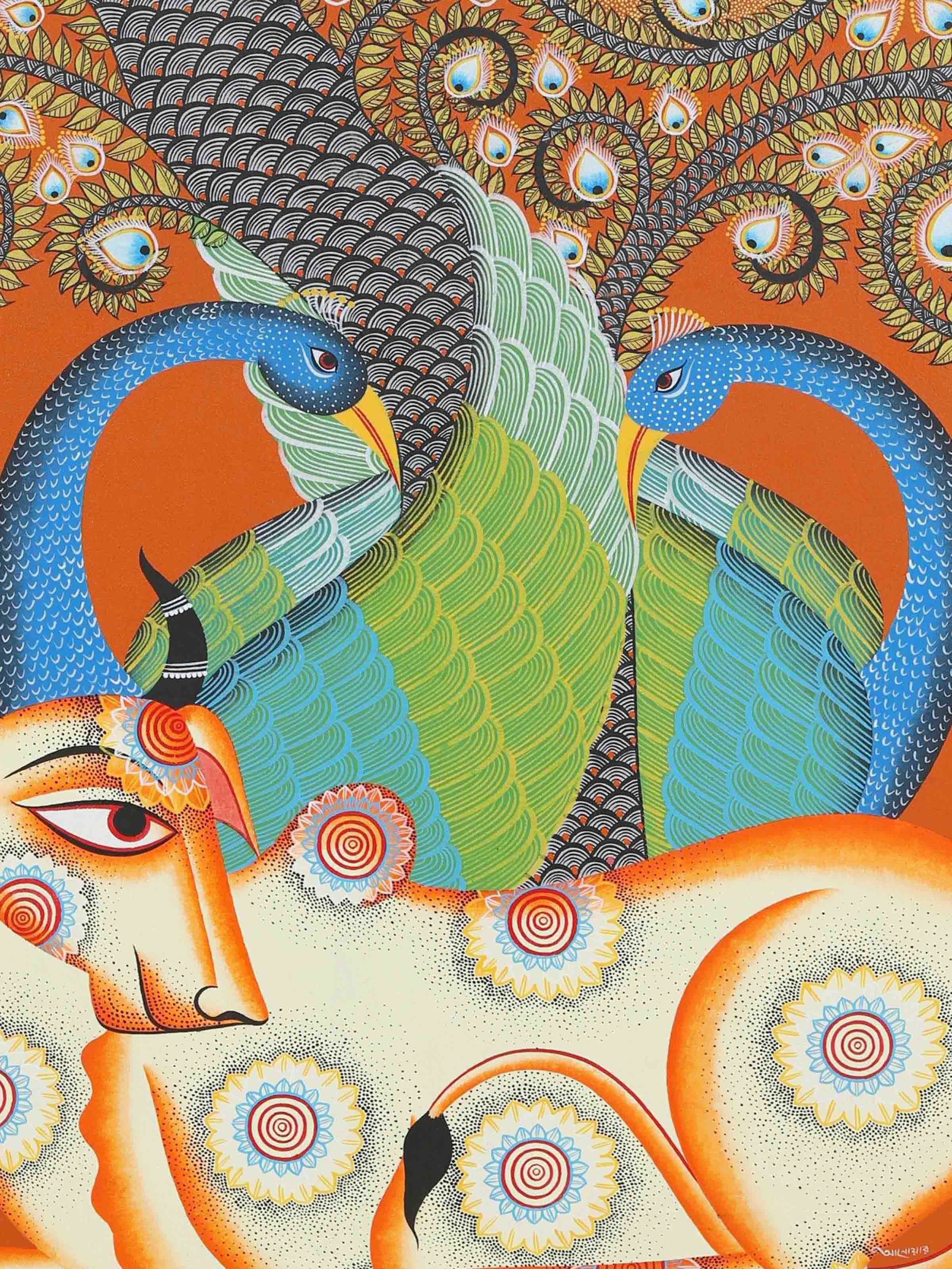 Detail shot of Tree Cow Kalighat Painting