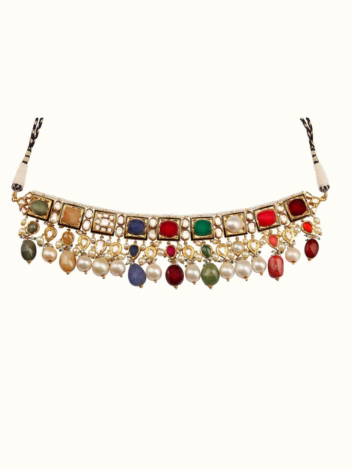 Side view of Nafeesa Jadau 18 Karat Gold Navaratna Choker highlighting its opulent goldwork and gemstone setting