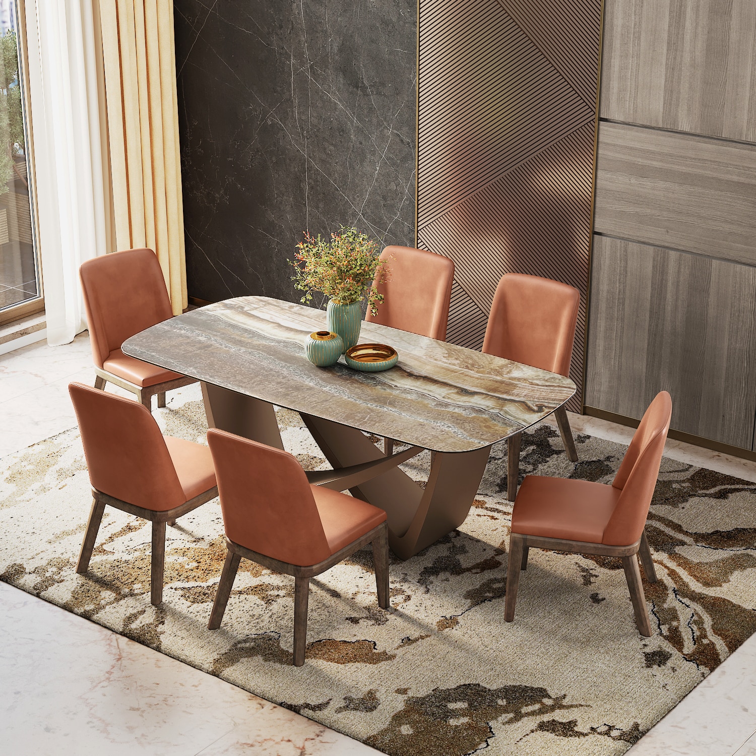 Paloma Engineered Wood 6 Seater Dining Table With Anderson Dining Chairs in Tan Leatherette Colour